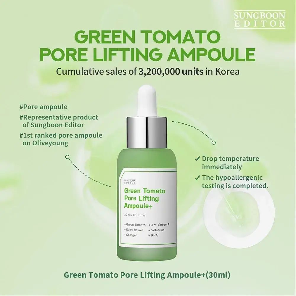 Groen serumflesje met tekst: Green Tomato Pore Lifting Ampoule+. Verkoop in Korea.