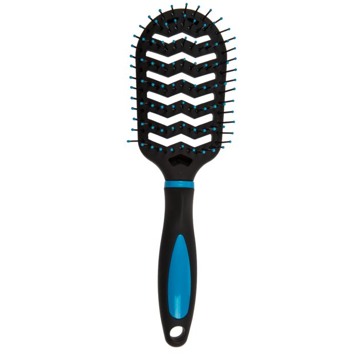 Brosse à cheveux avec manche noir et accent bleu. Tête de brosse noire avec poils bleus et découpes ondulées.