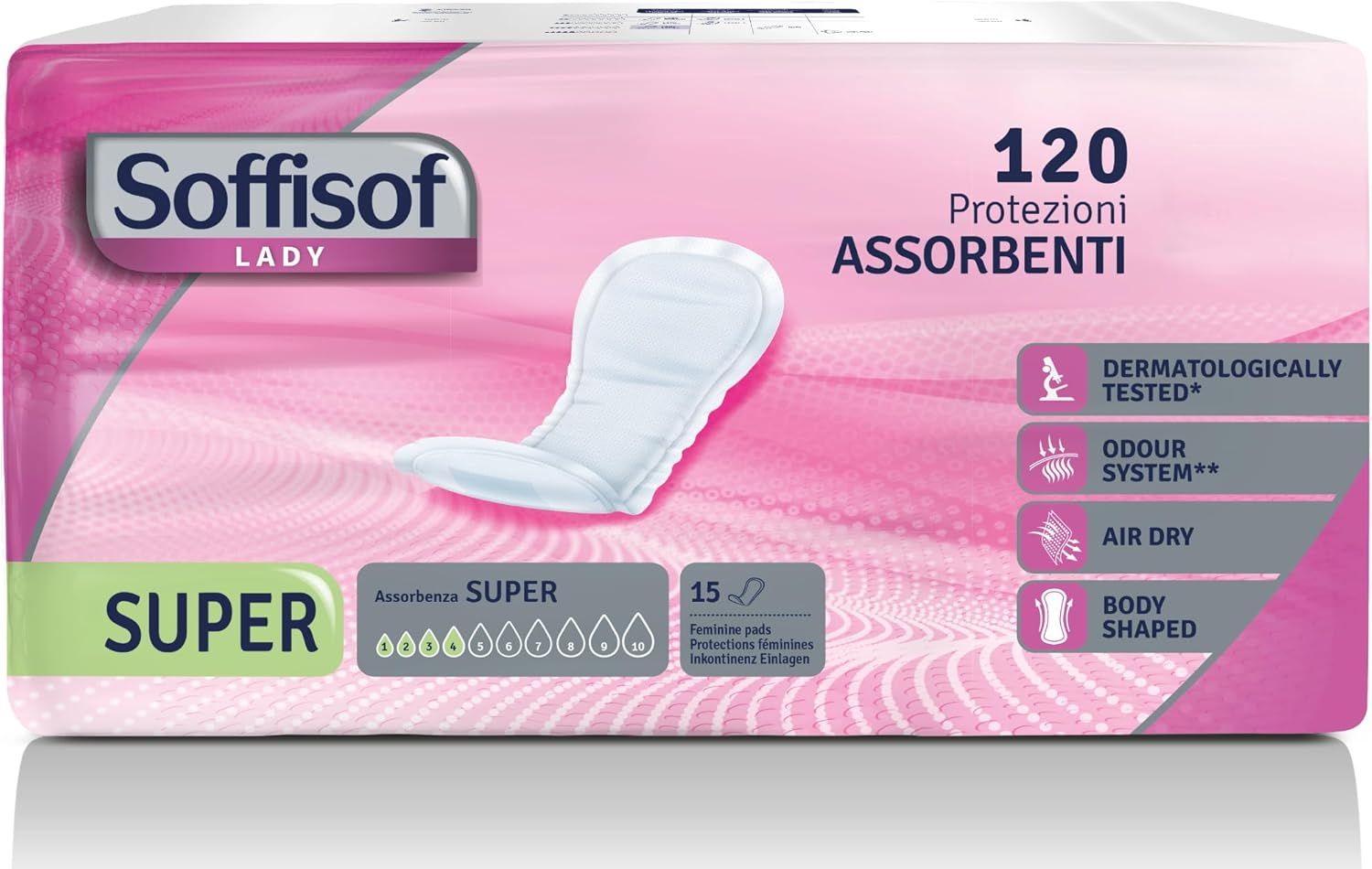 Paquet de Soffisof Lady Super. 120 protections. Testé dermatologiquement, système anti-odeurs, Air Dry, forme anatomique.