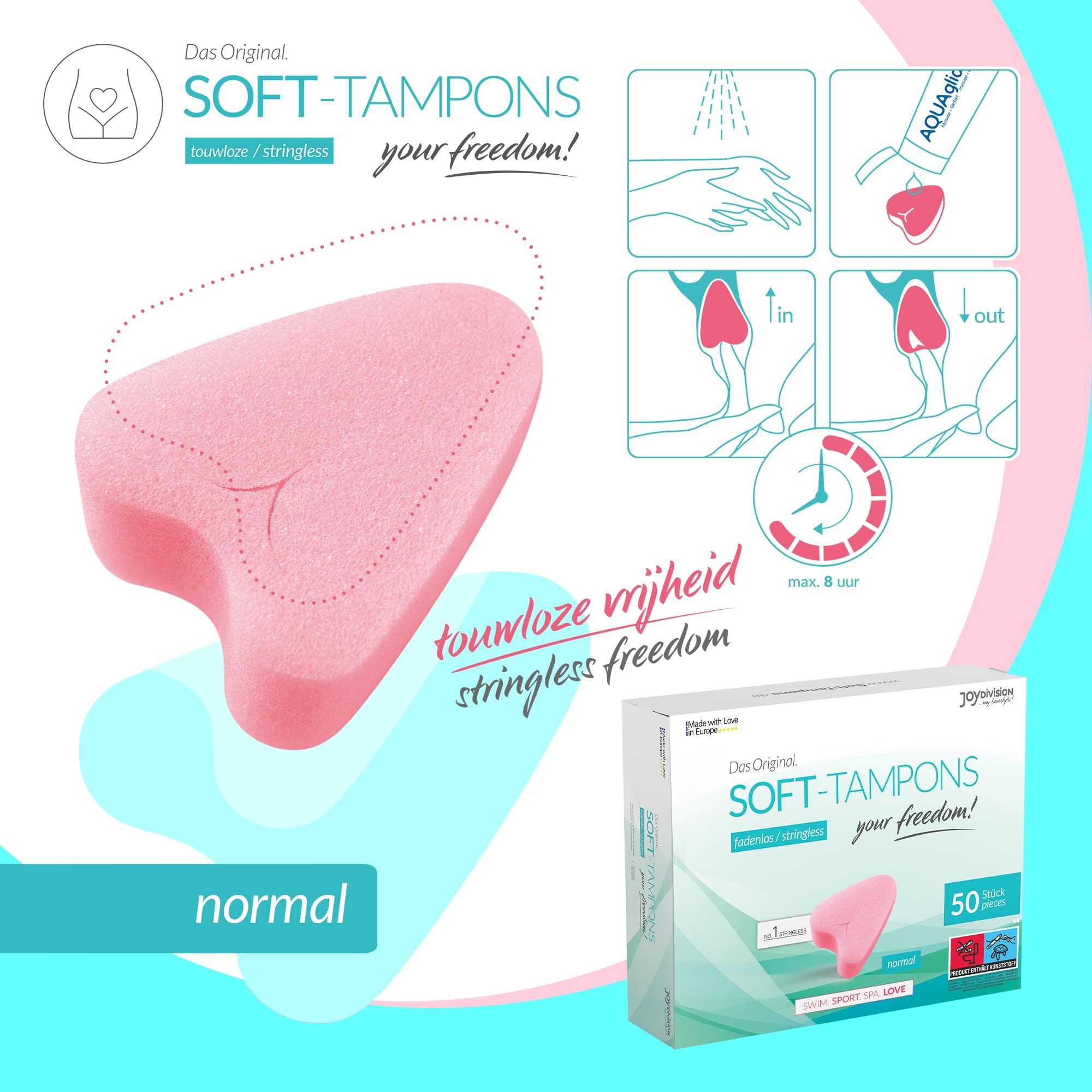 Doos met 50 Soft-Tampons, normaal, draadloos. Een roze tampon is afgebeeld.