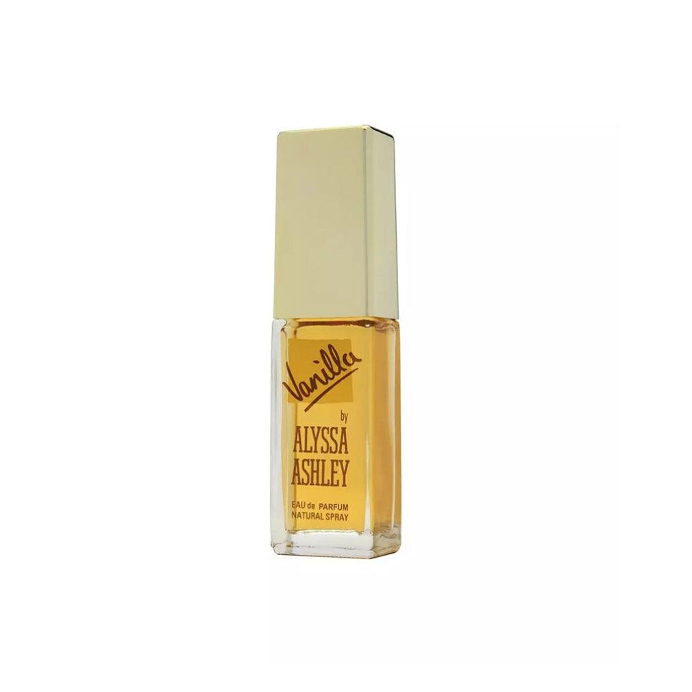 Flacon d'Eau de Toilette Alyssa Ashley Vanilla avec bouchon doré. Étiquettes jaunes avec le nom du produit.