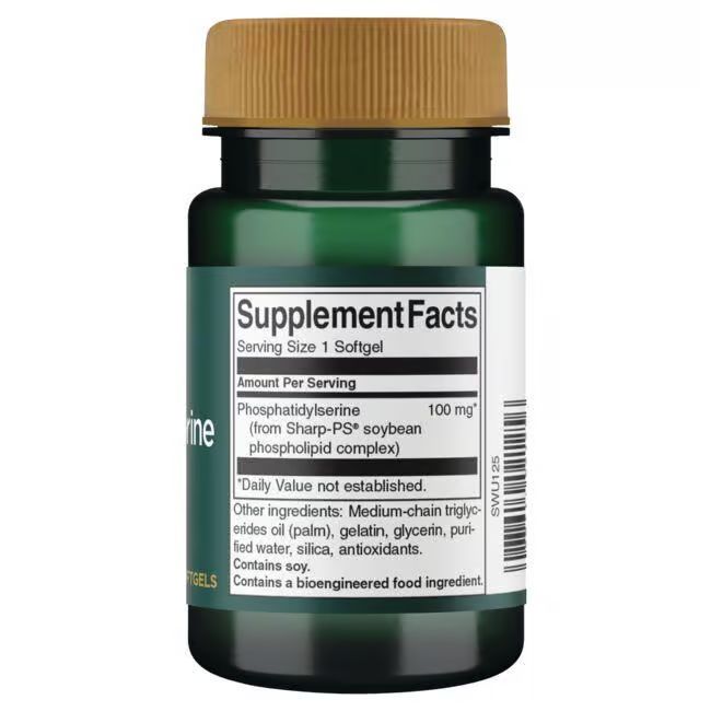 Achterkant van groene fles. Label met voedingsfeiten. Bevat fosfatidylserine 100 mg. Andere ingrediënten vermeld.