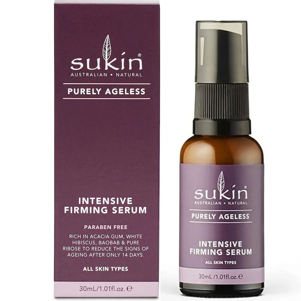 Productverpakking en fles. Opschrift: Sukin Purely Ageless Intensive Firming Serum. Met doos.