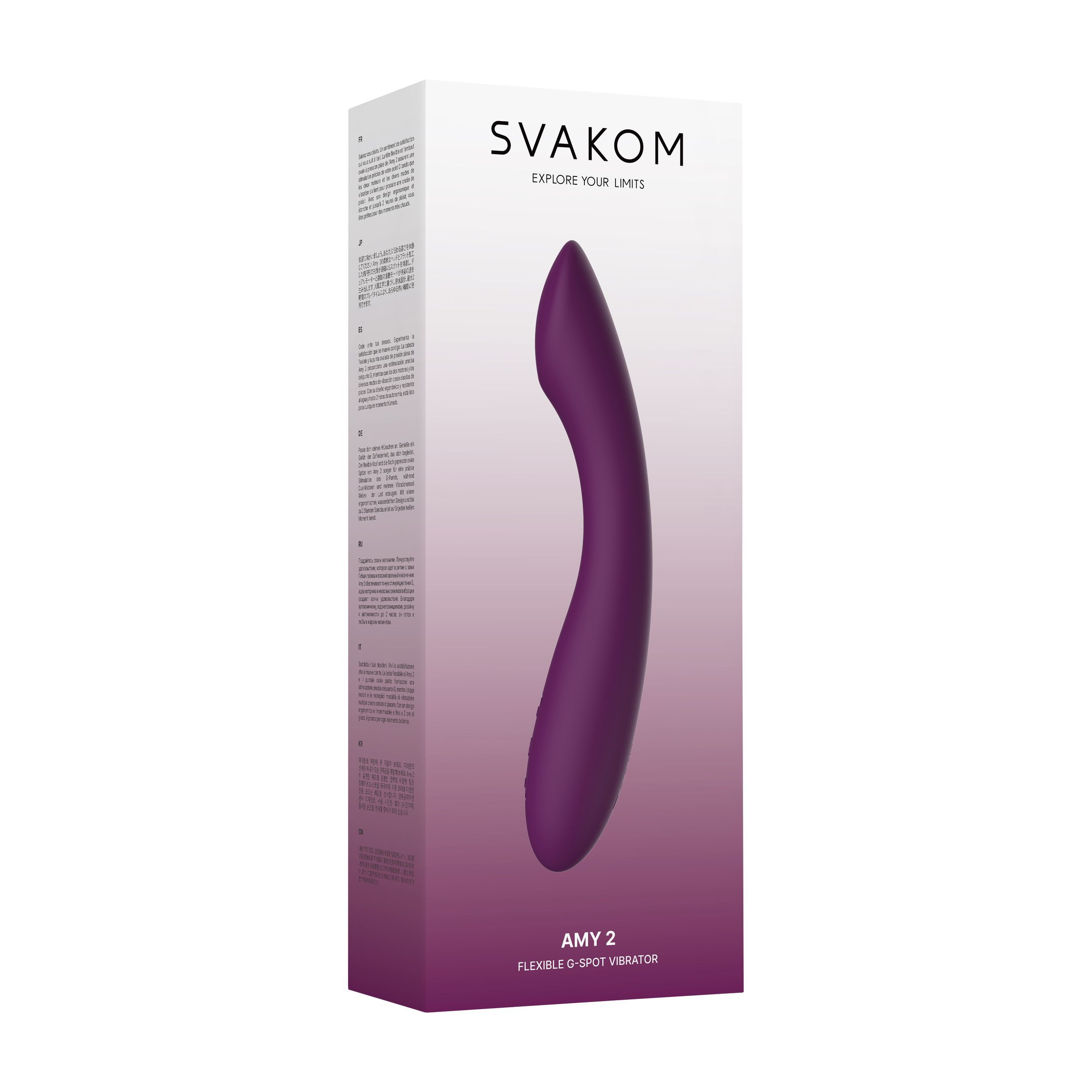 Productverpakking met vibrator. Merk SVAKOM, model Amy 2. Flexibele G-spot vibrator.