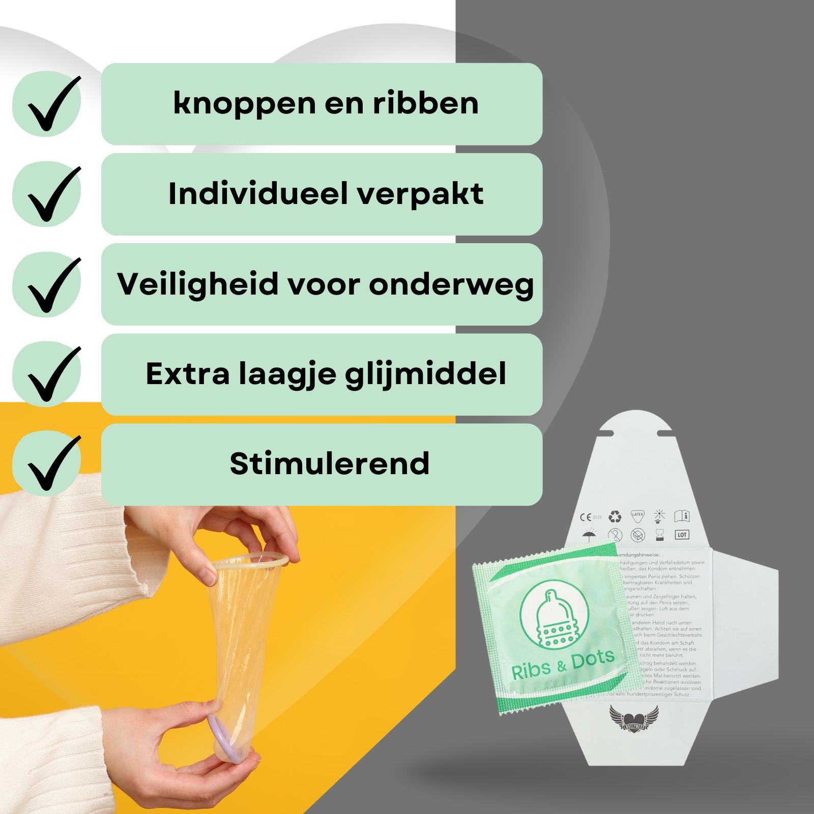 Individueel verpakt condoom. Opschrift: Ribs & Dots. Logo: gevleugeld hart. Tekst: Met noppen en ribbels.