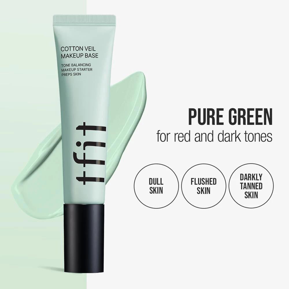 Groene tube TFIT Cotton Veil Makeup Base. Tekst: Pure Green voor rode en donkere tinten. Cirkels: Dull Skin, Flushed Skin, Darkly Tanned Skin.