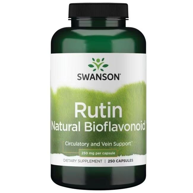 Groene fles met wit etiket. Opschrift: SWANSON Rutin Natural Bioflavonoid. 250 mg per capsule. 250 capsules.