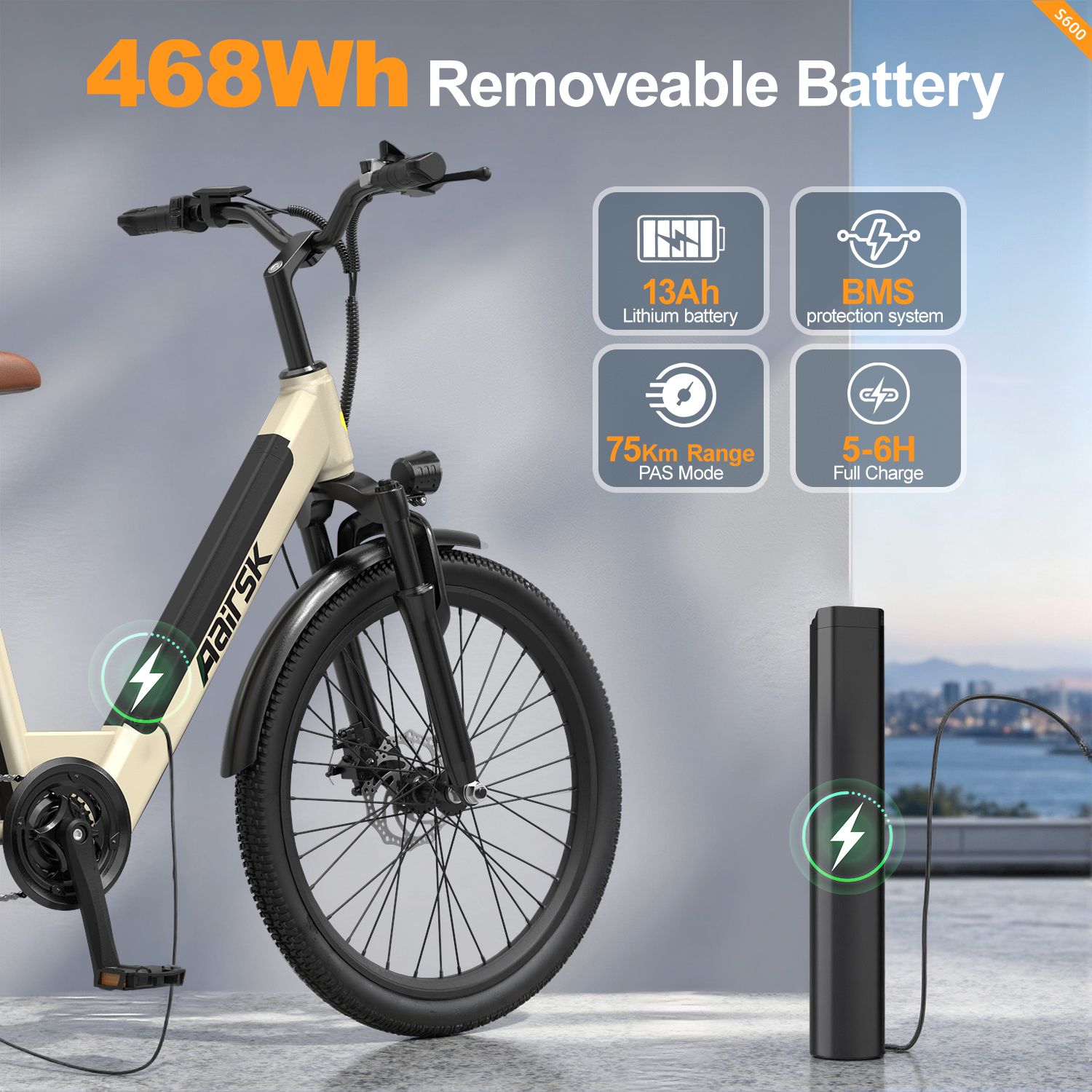 Vélo électrique avec batterie amovible. Inscriptions : batterie 468Wh, batterie lithium 13Ah, autonomie 75km, charge 5-6h.