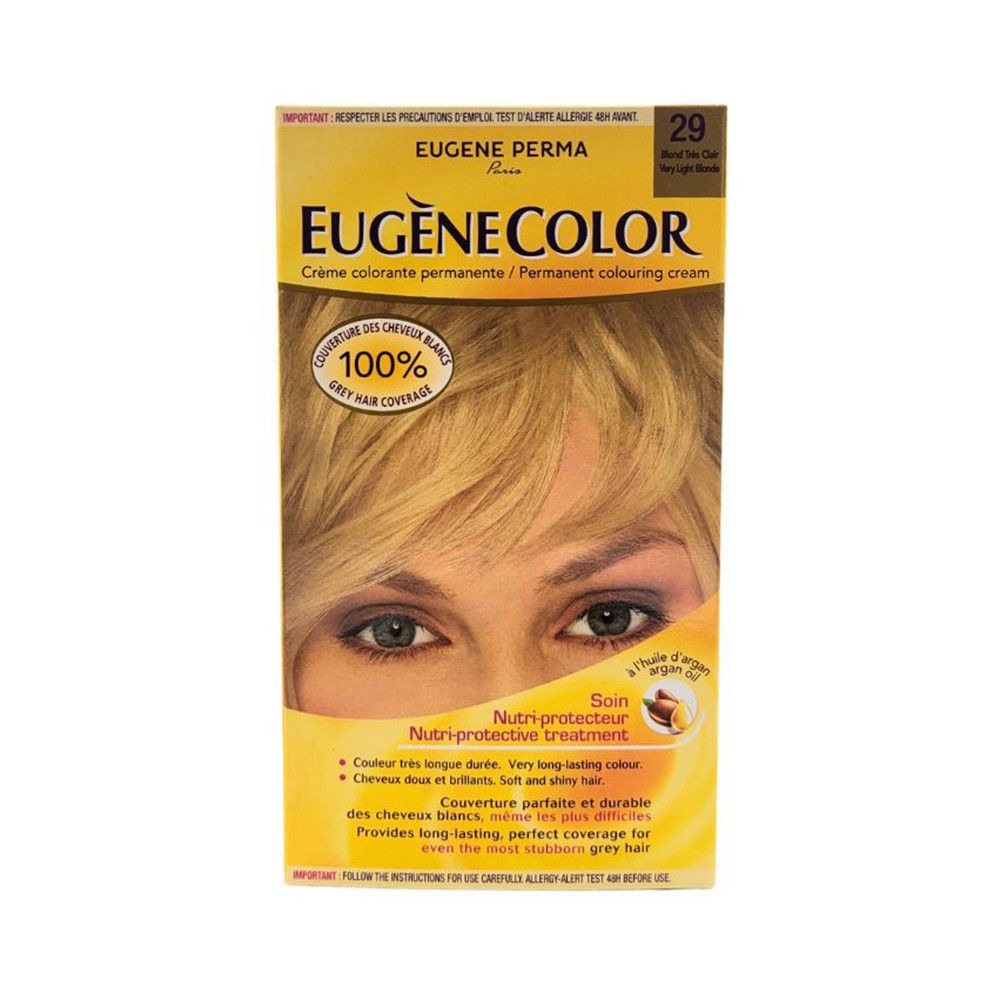 Boîte Eugène Perma Eugènecolor. Crème colorante permanente. Couverture 100% cheveux blancs. Teinte 29. Huile d'argan.
