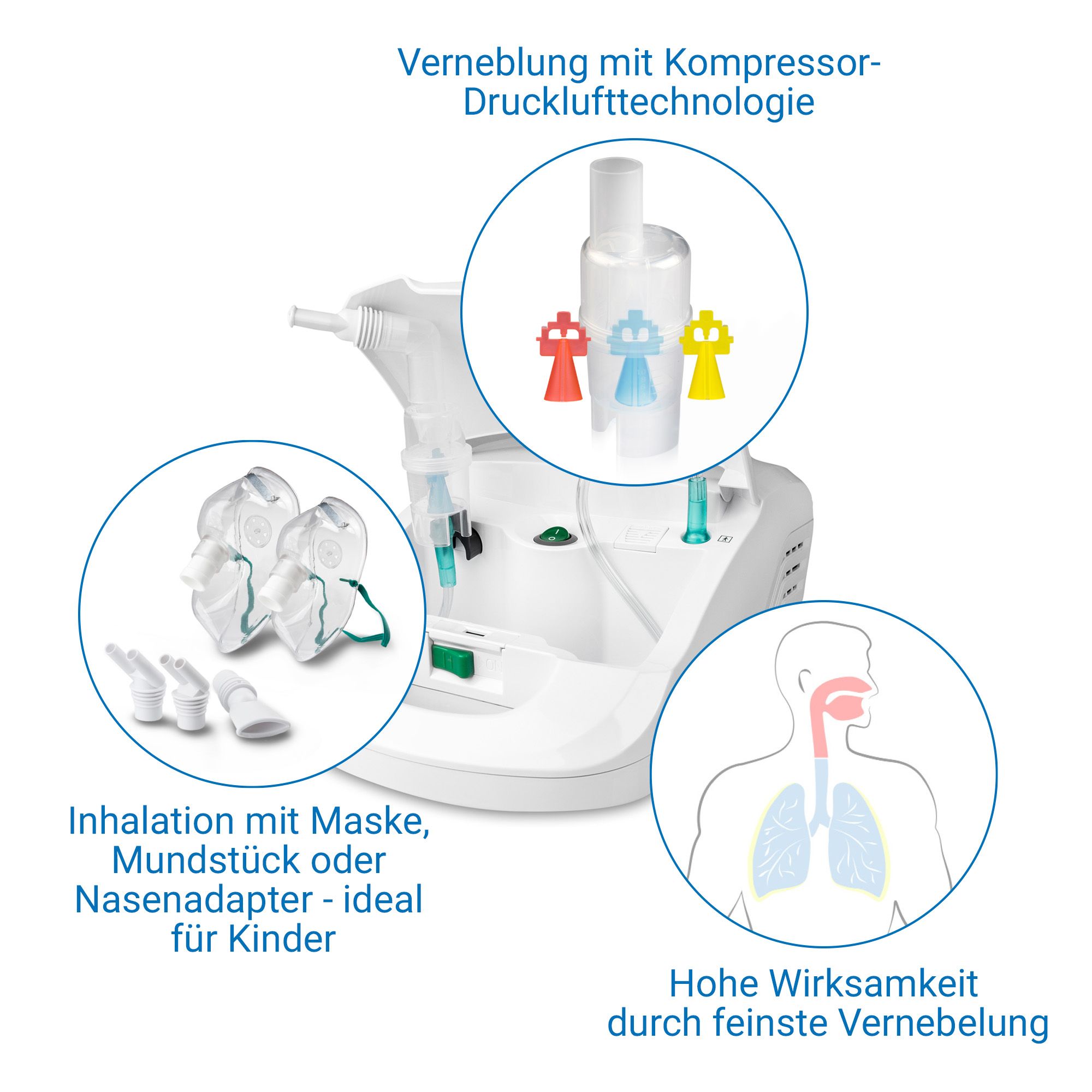 Inhalateur Medisana avec technologie de nébulisation par compresseur. Accessoires : masques, embout, adaptateur nasal. Convient aux enfants.