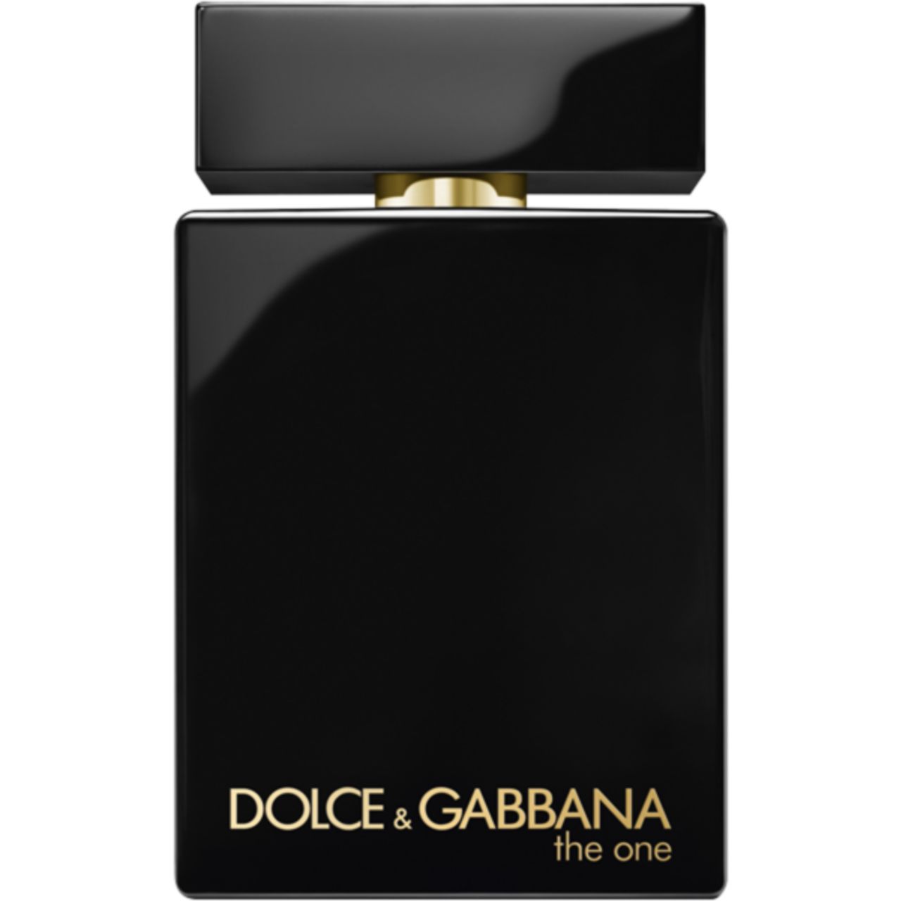 Zwarte fles met gouden dop. Gouden tekst: DOLCE & GABBANA the one.