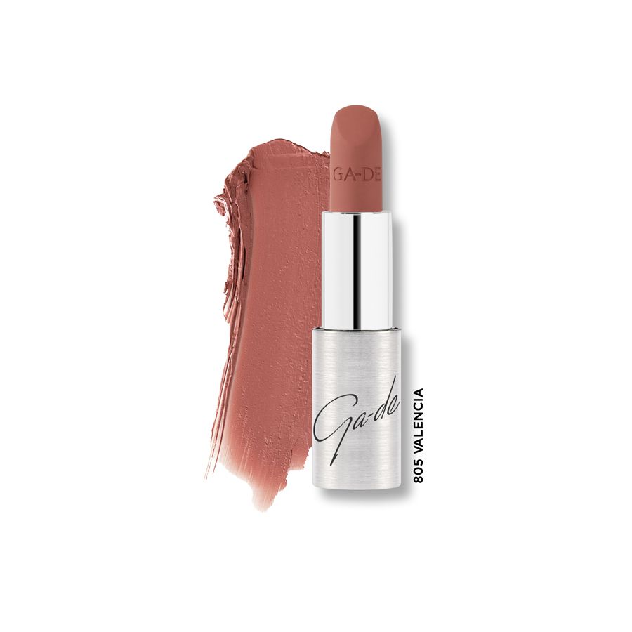 Ga-De Selfie Soft Matte Lipstick, tint 805 Valencia, met zilveren huls en kleurstalen.