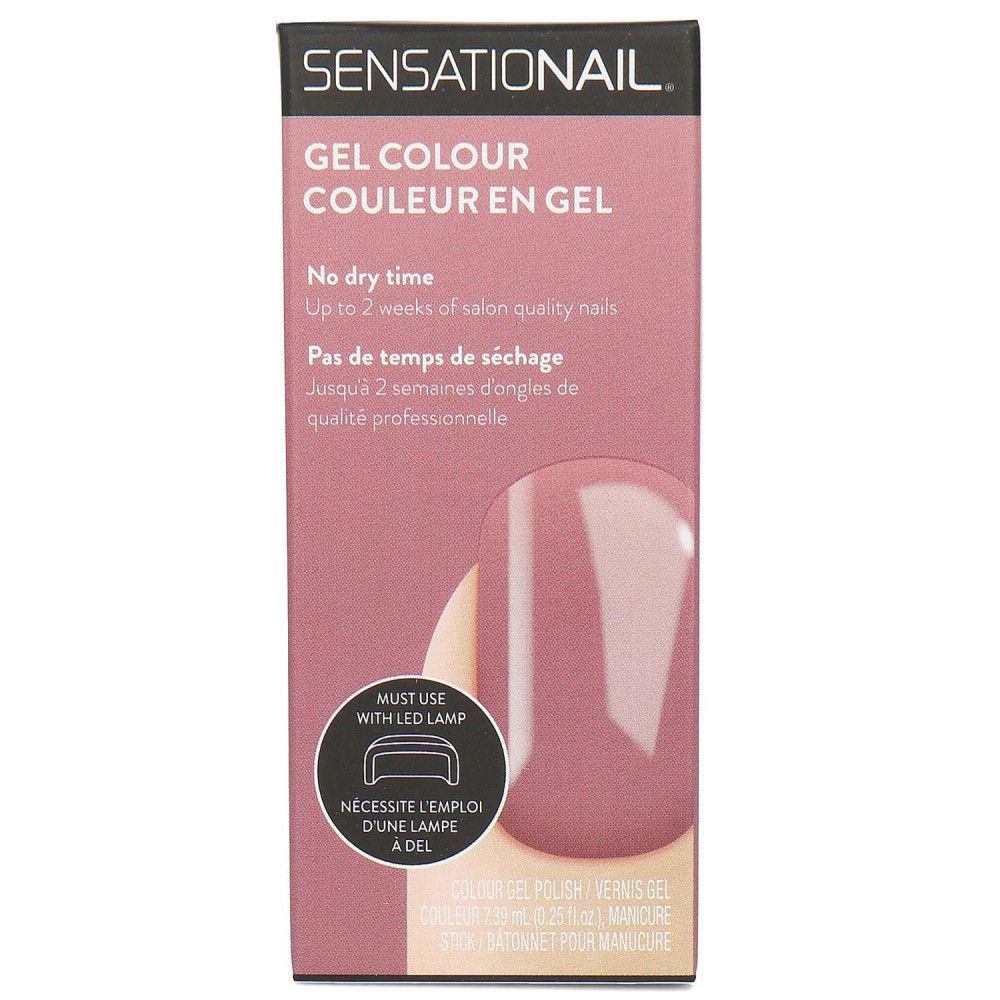 Emballage de vernis gel Sensationail. Teinte rose, illustration du produit. Texte: Gel Colour, Pas de temps de séchage, jusqu'à 2 semaines.