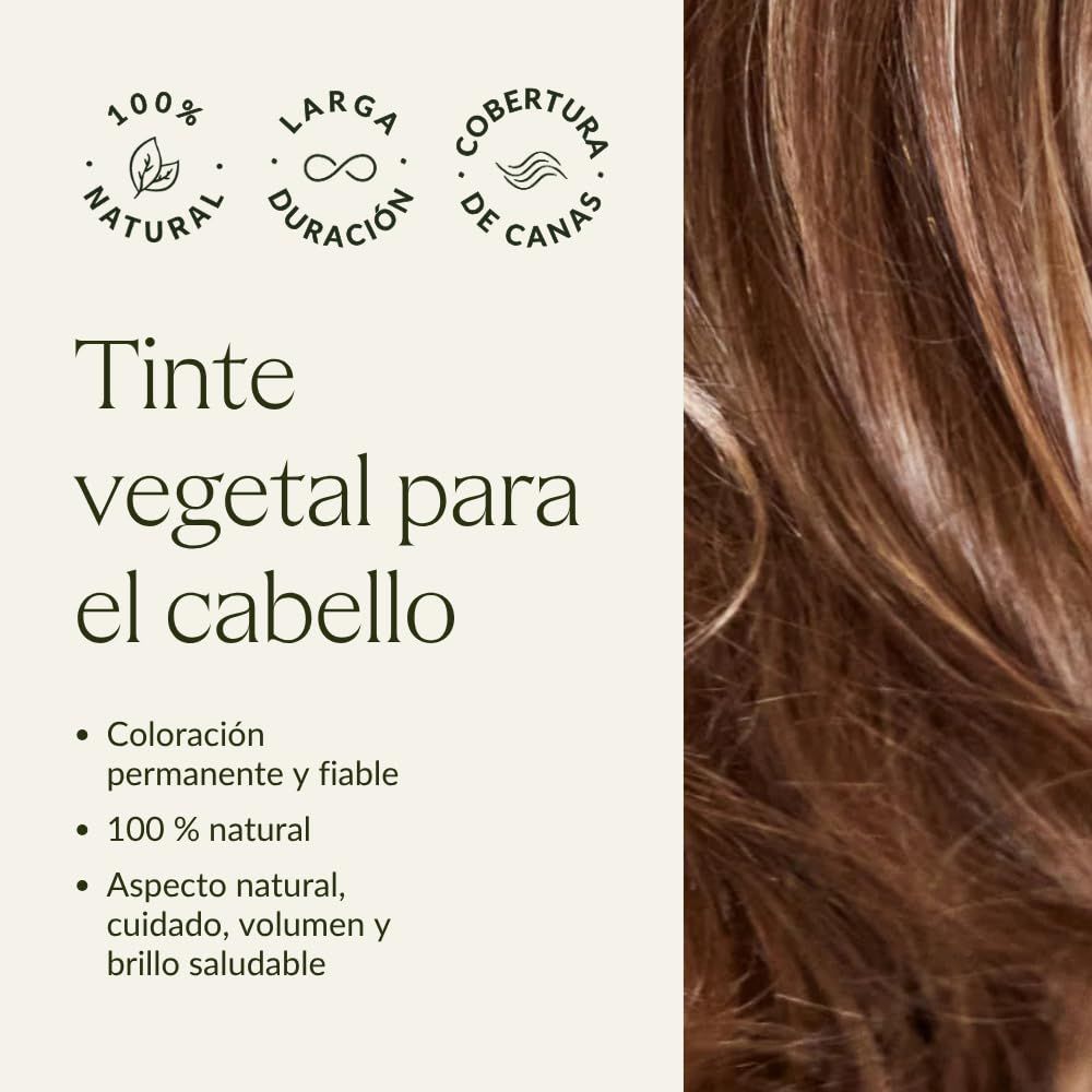 Texte sur fond blanc : 'Tinte vegetal para el cabello'. Logos pour '100% naturel', 'Longue durée', 'Couverture des cheveux blancs'.