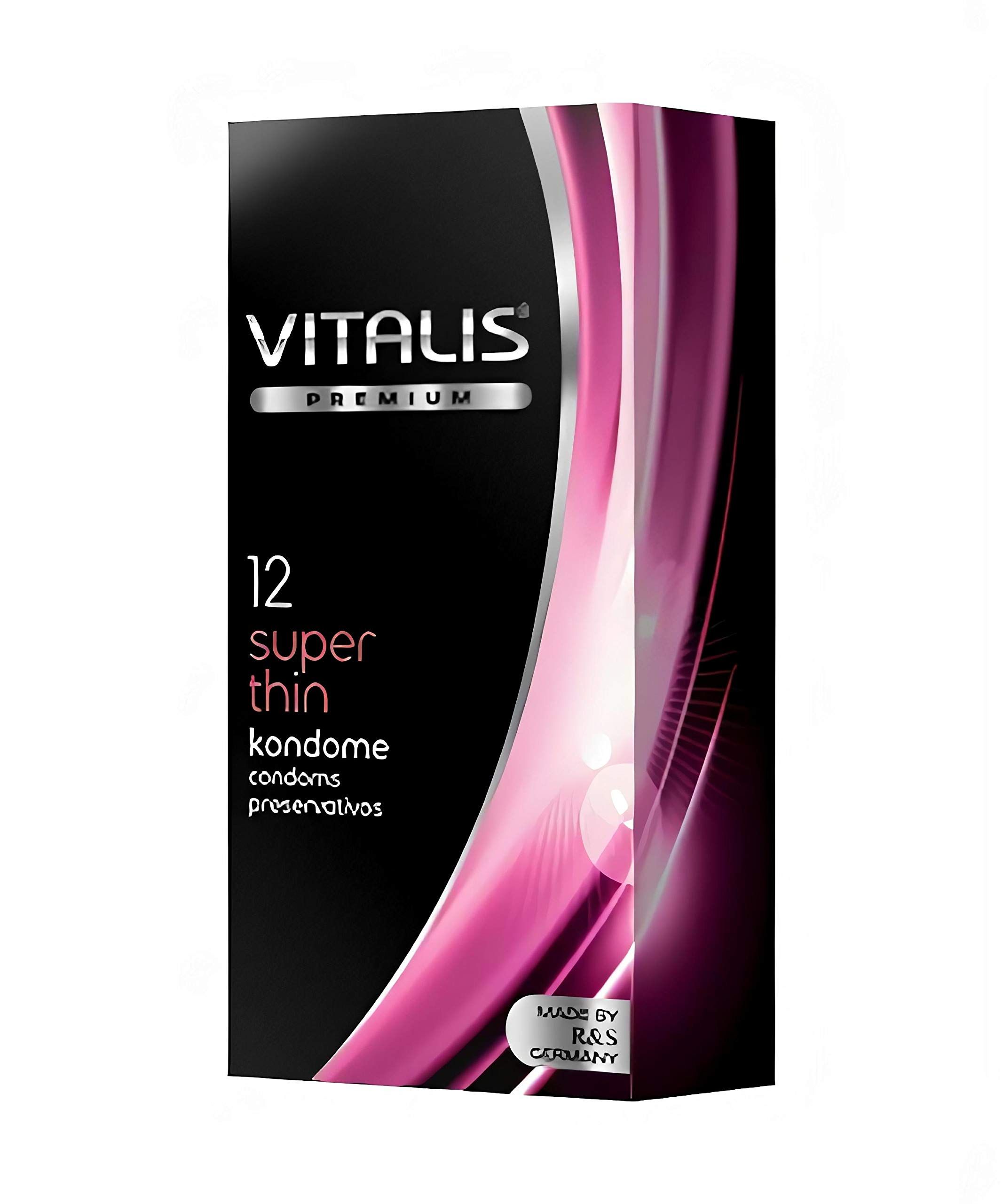 Vitalis Super Thin condooms, 12 stuks. Zwarte verpakking met roze accenten. Made by R&S Germany.