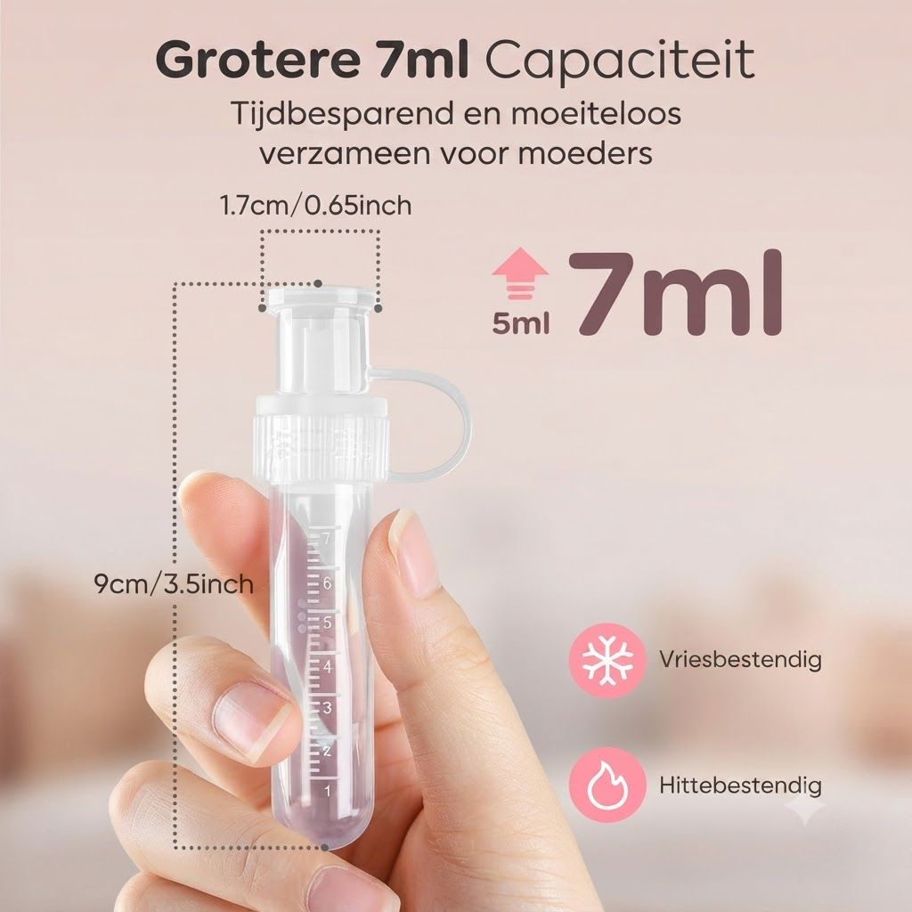 Kleine, doorzichtige plastic buis met maatschaal, 9 cm lang, 1,7 cm breed. 7 ml inhoud.