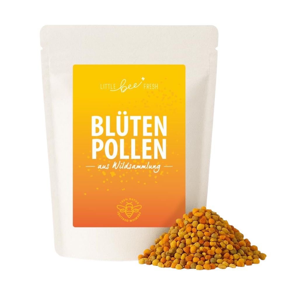 Witte zak met geel-oranje etiket. Opschrift: bloemenpollen uit wilde verzameling. Daarnaast bloemenpollen.