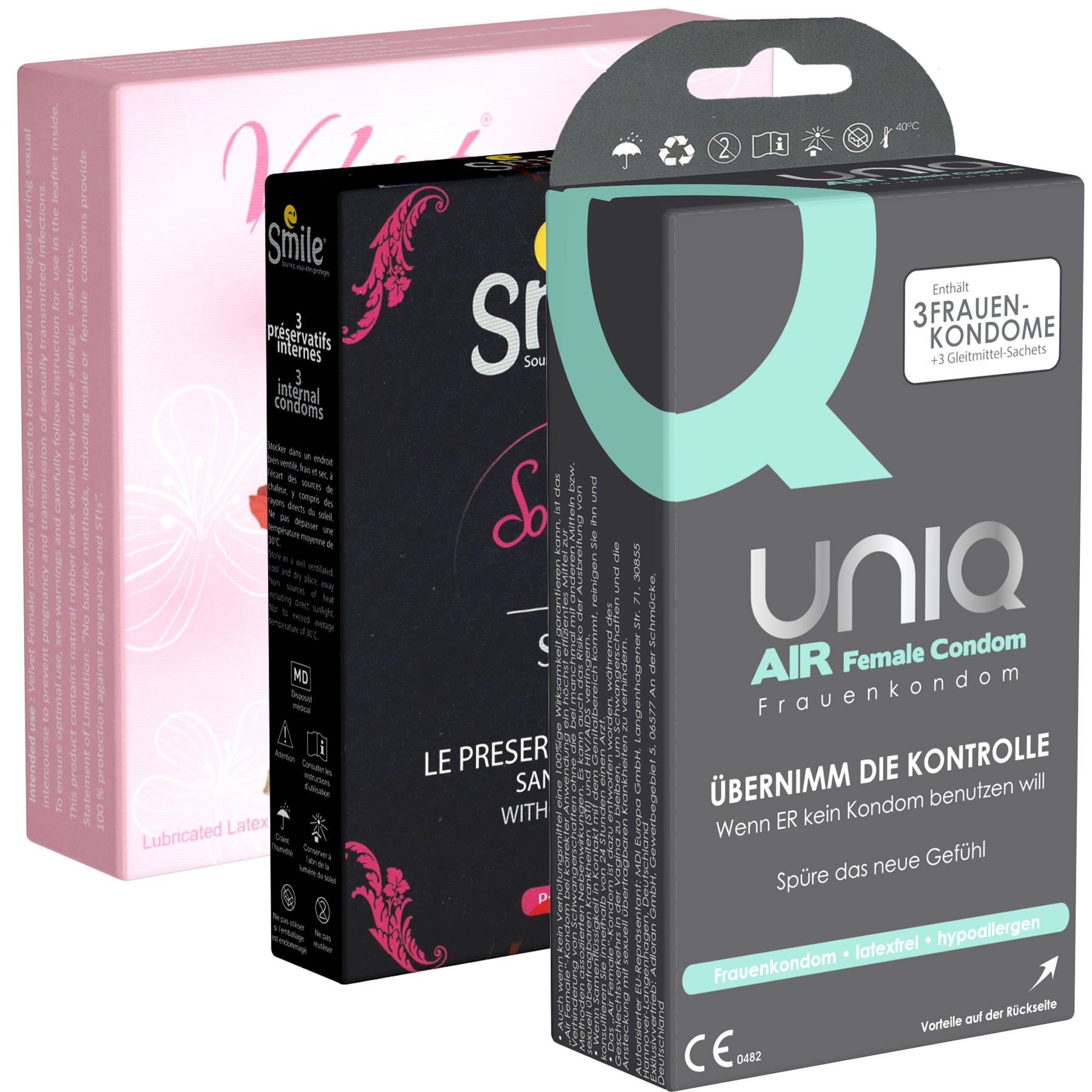 Trois boîtes de préservatifs. Une rose, une noire et une grise. La boîte grise porte la mention "UNIQ AIR Female Condom".