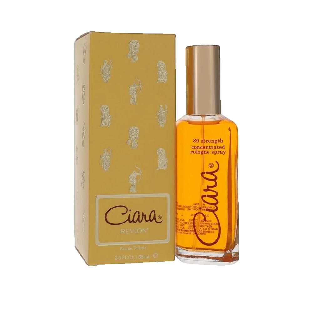 Gele doos en fles. Op de doos staat "Ciara Revlon". Op de fles staat "Ciara" en "80 strength concentrated cologne spray".