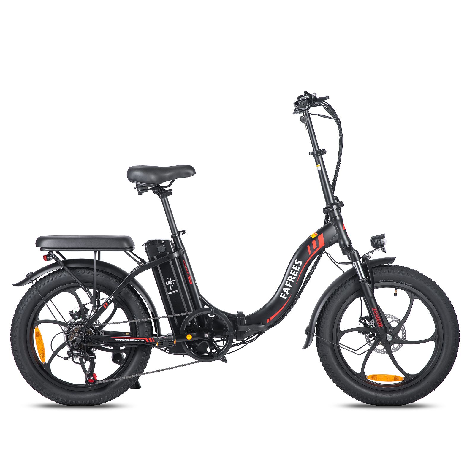 Zwarte opvouwbare e-bike FAFREES F20. Zichtbaar: zadel, bagagedrager, spatborden, schijfremmen, accu. Rode details op frame.