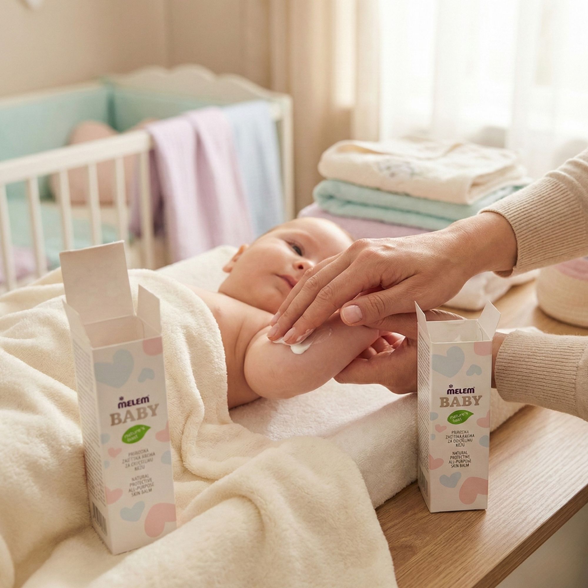 Deux boîtes "Melem Baby" près d'un bébé. Texte : "Natural Protective All-Purpose Skin Balm". Personne applique la crème.