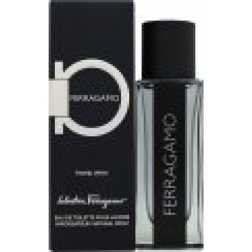 Eau de toilette met verpakking. Transparante fles met zwarte dop. Opschrift: FERRAGAMO. Zwarte verpakking met logo en tekst.