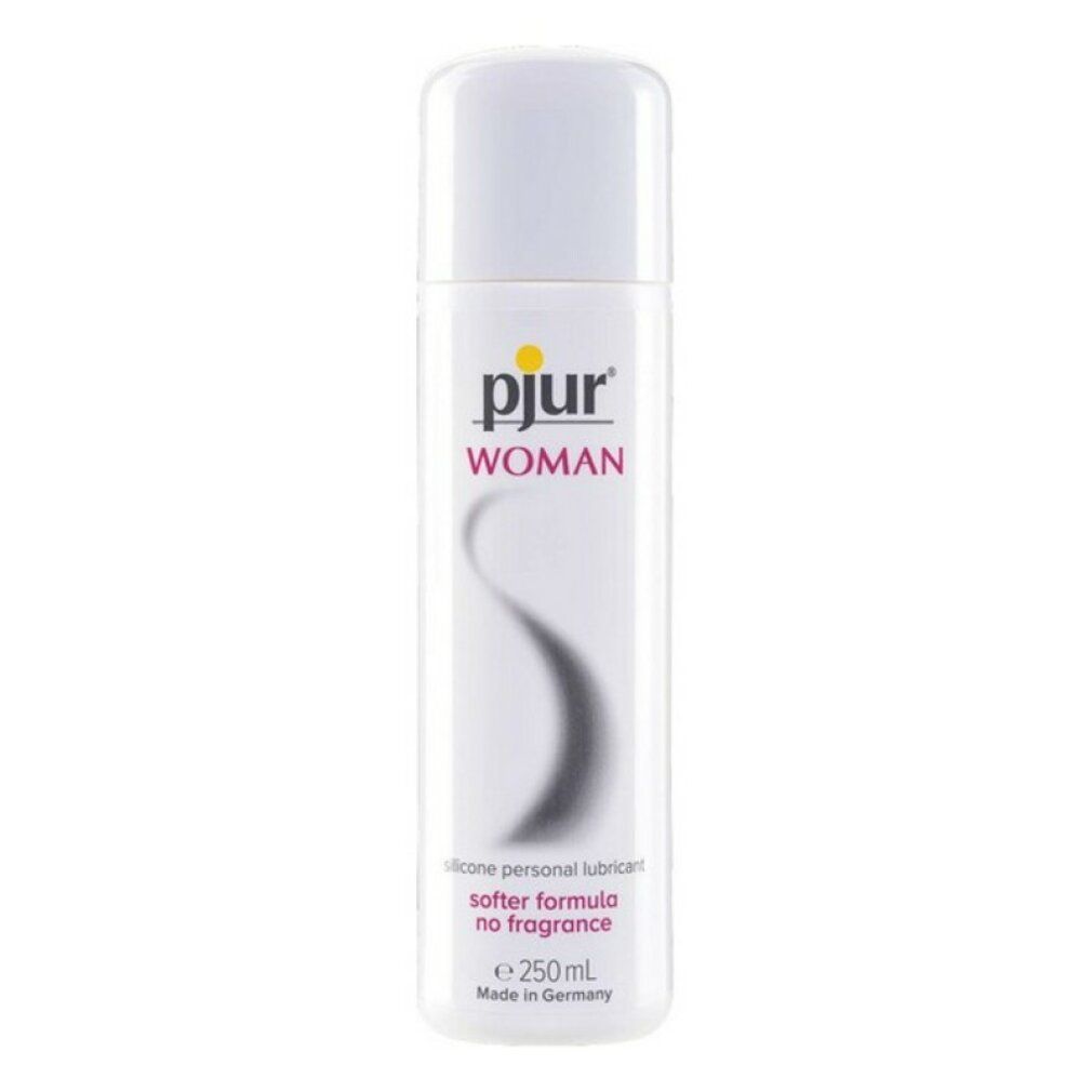 Witte fles met geel etiket. Opschrift: pjur WOMAN, silicone personal lubricant, softer formula no fragrance, e 250mL. Gemaakt in Duitsland.