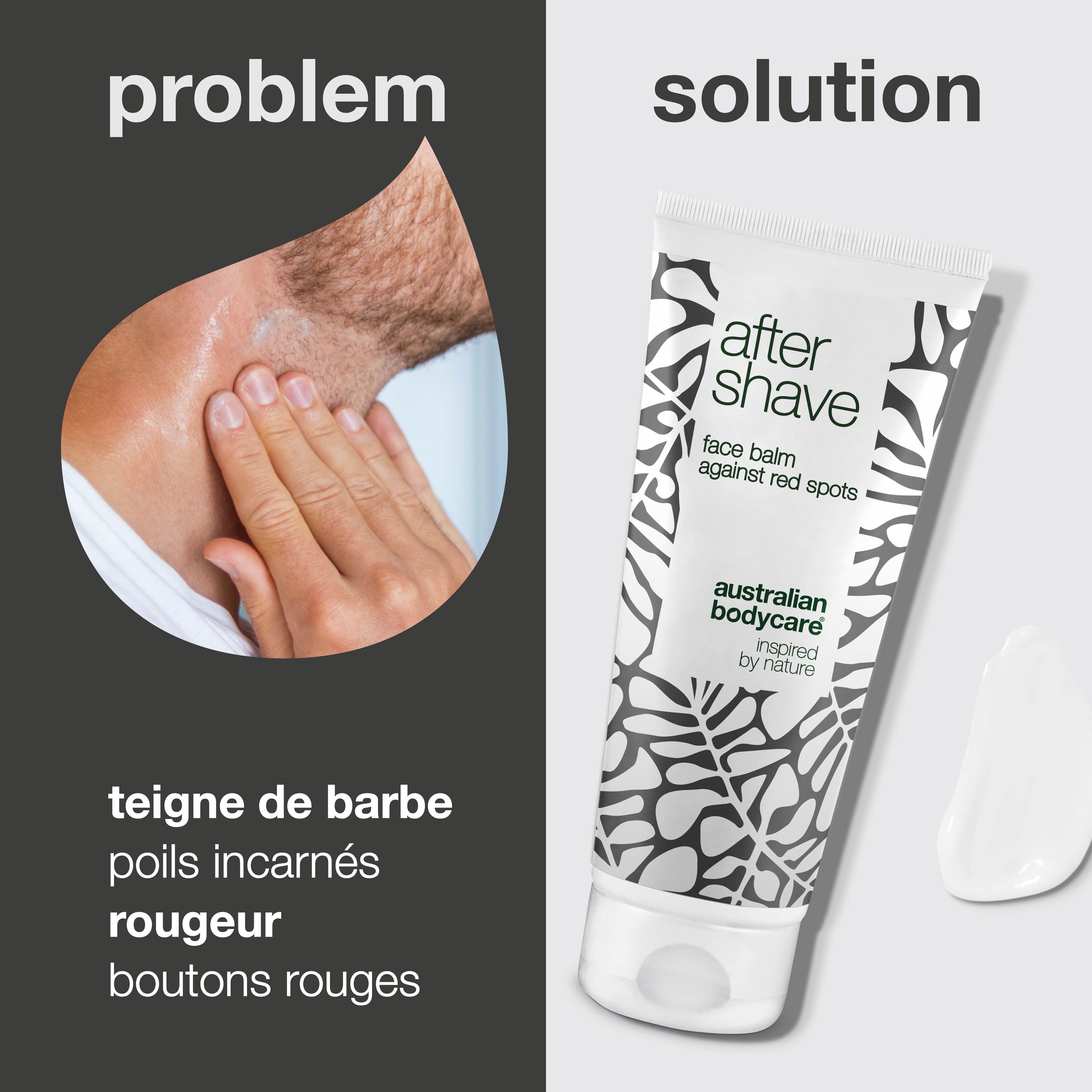 Produit et application. Tube de baume après-rasage à côté d'une main appliquant le baume. Texte: After Shave, face balm against red spots, Australian Bodycare.