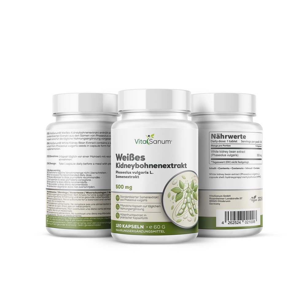Trois flacons de VitaSanum Extrait de haricot blanc, 500 mg, 120 gélules.