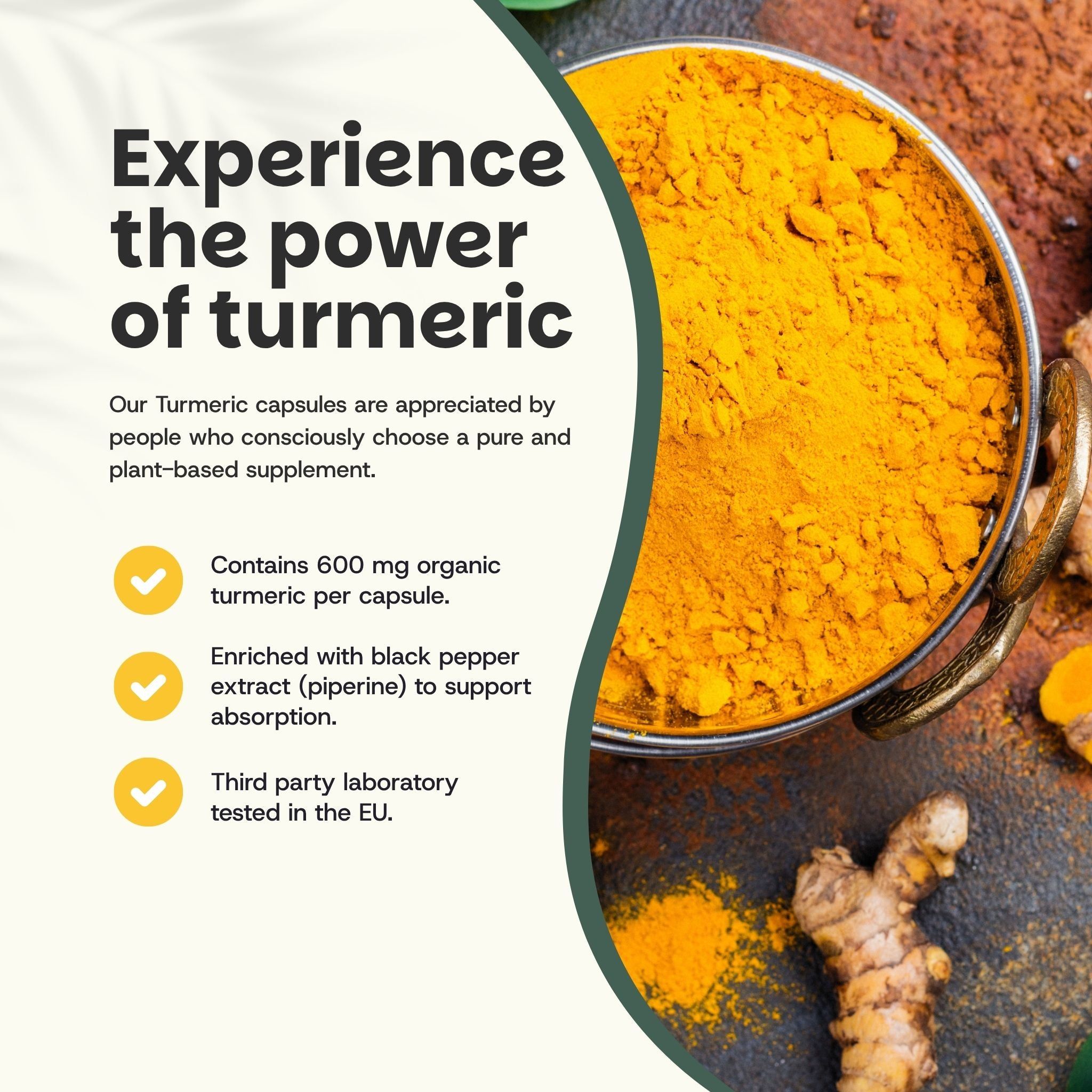 Bol de poudre de curcuma. Texte: Contient 600 mg de curcuma bio par gélule. Testé en laboratoire. Gélules jaunes et morceaux.