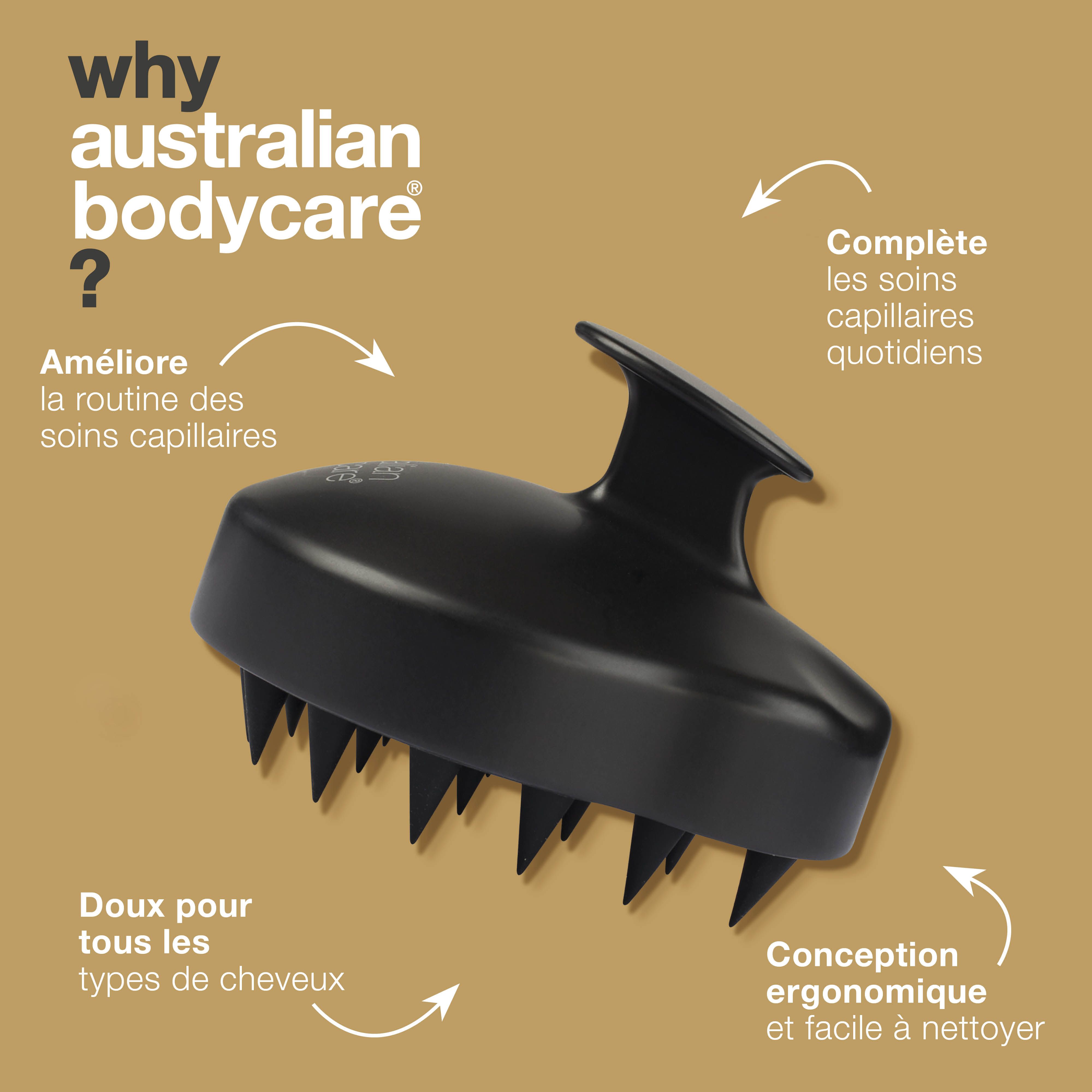 Graphique : brosse de massage et texte. Texte : Améliore la routine capillaire, conception ergonomique, doux pour tous les types de cheveux.