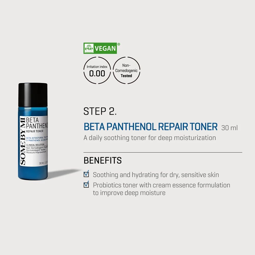 Flacon bleu SOME BY MI Beta Panthenol Repair Toner. Bouchon noir. Texte et logos blancs.