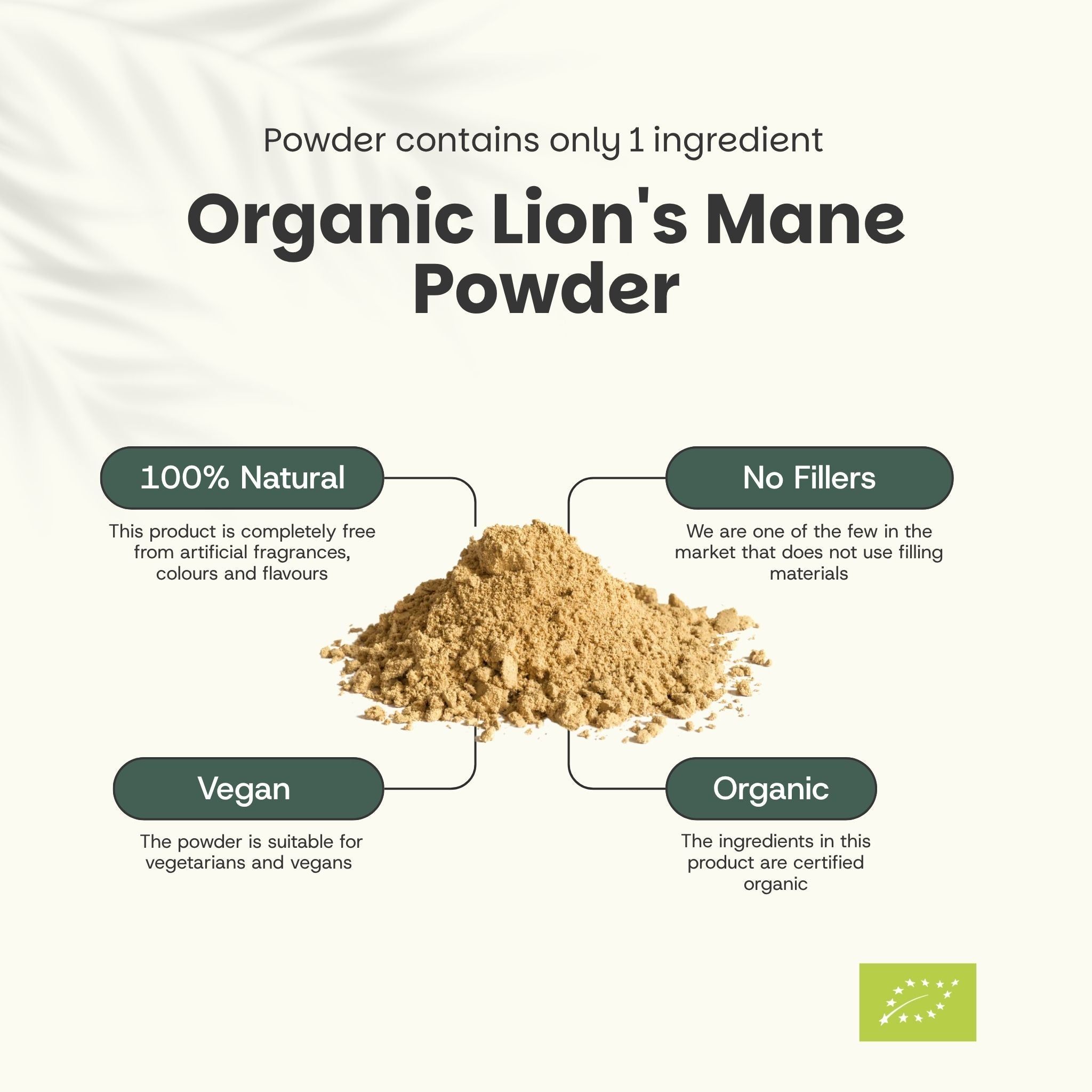 Tas de poudre de crinière de lion. Texte : Poudre de crinière de lion bio. 100% naturel. Végétalien. Biologique. Sans charges.