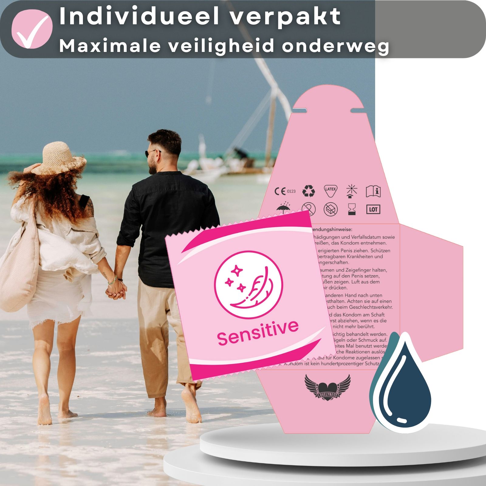 Condoom en verpakking. Tekst: "Einzeln verpackt".