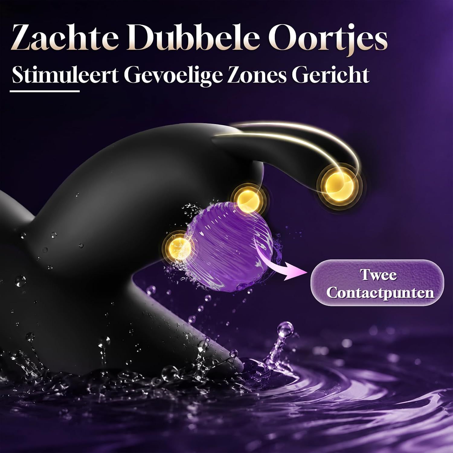 Zwarte stimulator met paarse bal en twee contactpunten.