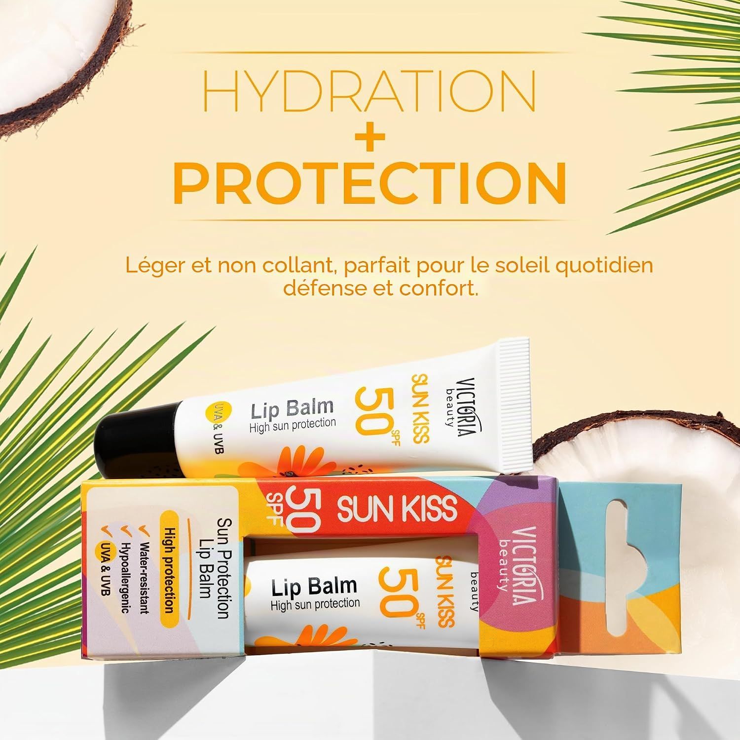 Victoria Beauty Lip Balm Sun Kiss SPF 50, haute protection solaire. Tube blanc avec capuchon noir.