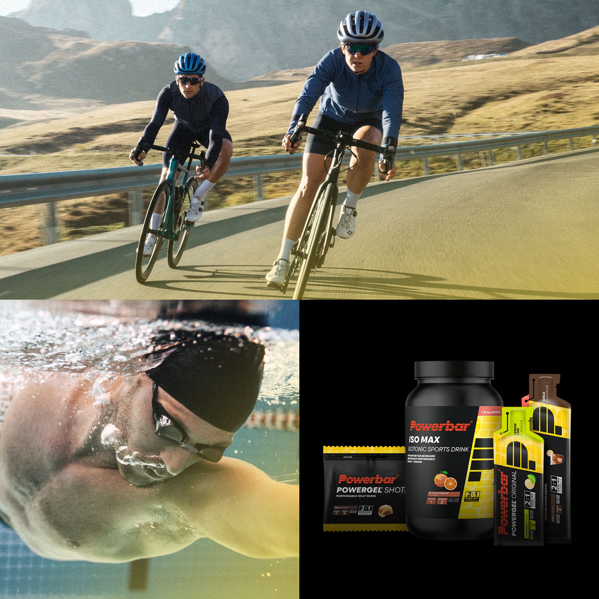 Sporters die fietsen en zwemmen, met een selectie van PowerBar producten rechtsonder.