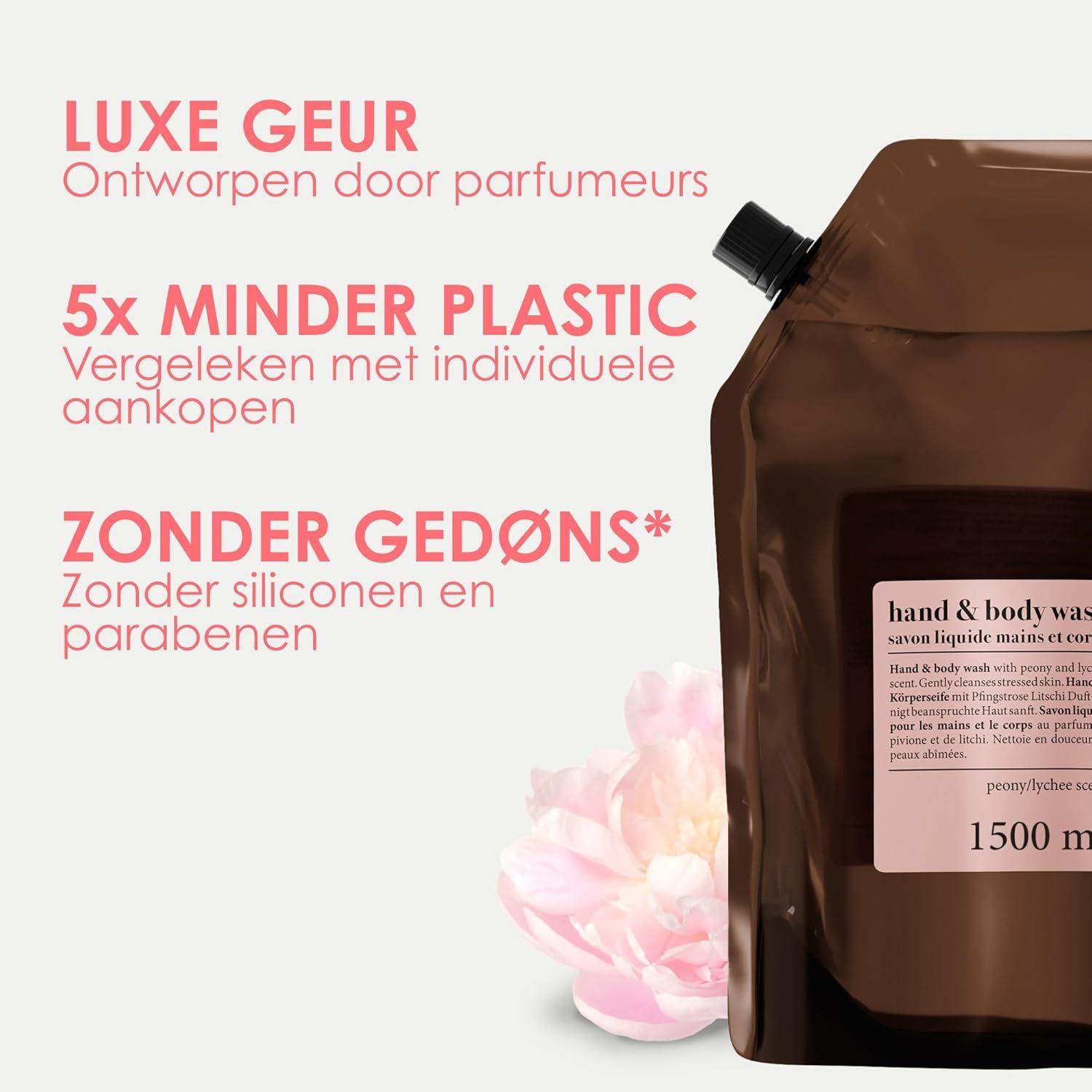 Bruine navulverpakking voor hand- en lichaamszeep met etiket waarop 1500 ml staat.