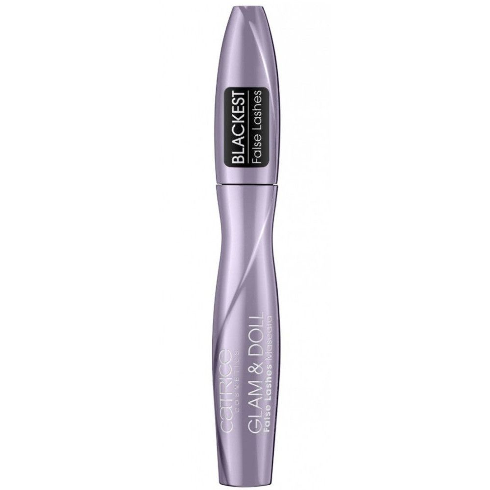 Tube de mascara violet. Texte noir: BLACKEST False Lashes. En bas: CATRICE, GLAM & DOLL False Lashes.