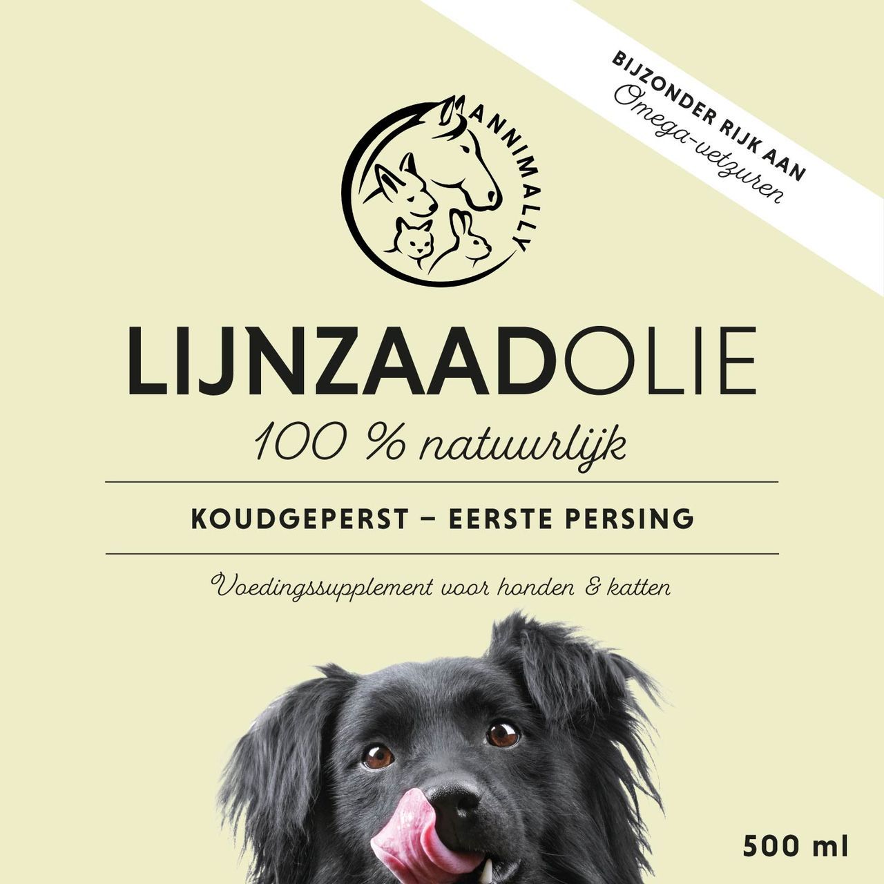 Lijnzaadolie fles met etiket. Bevat Omega-3 en Omega-6 vetzuren. 500 ml. Voor honden en katten.