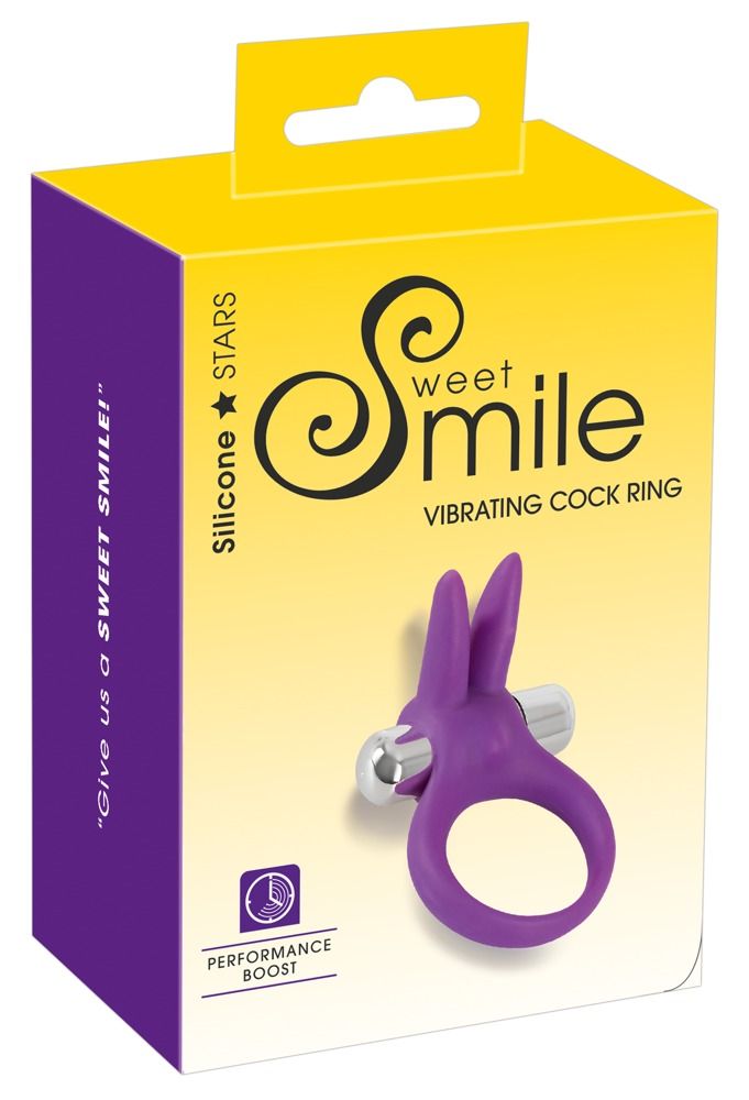 Emballage du produit Sweet Smile. Anneau vibrant violet avec design oreilles de lapin. Texte: Silicone Stars, Vibrating Cock Ring.