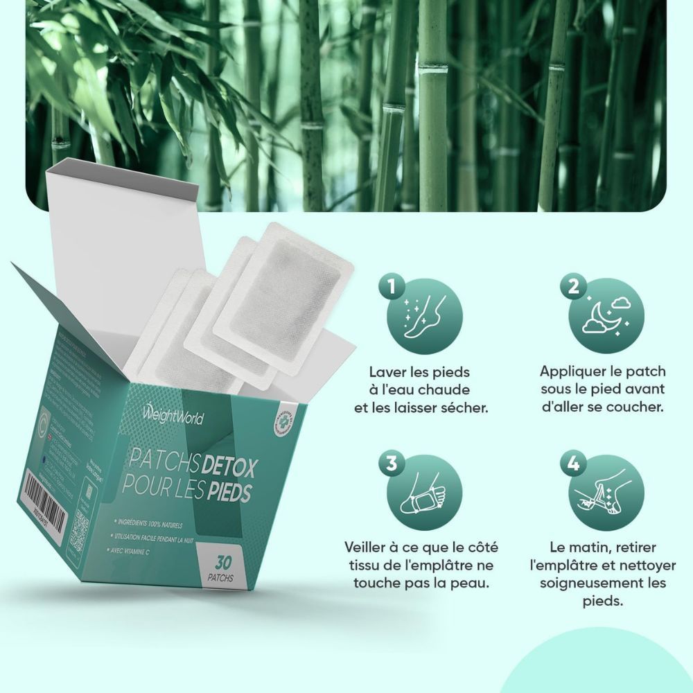 WeightWorld Patchs Detox pour les pieds. Étapes d'utilisation : laver les pieds, appliquer le patch, pendant la nuit, retirer.