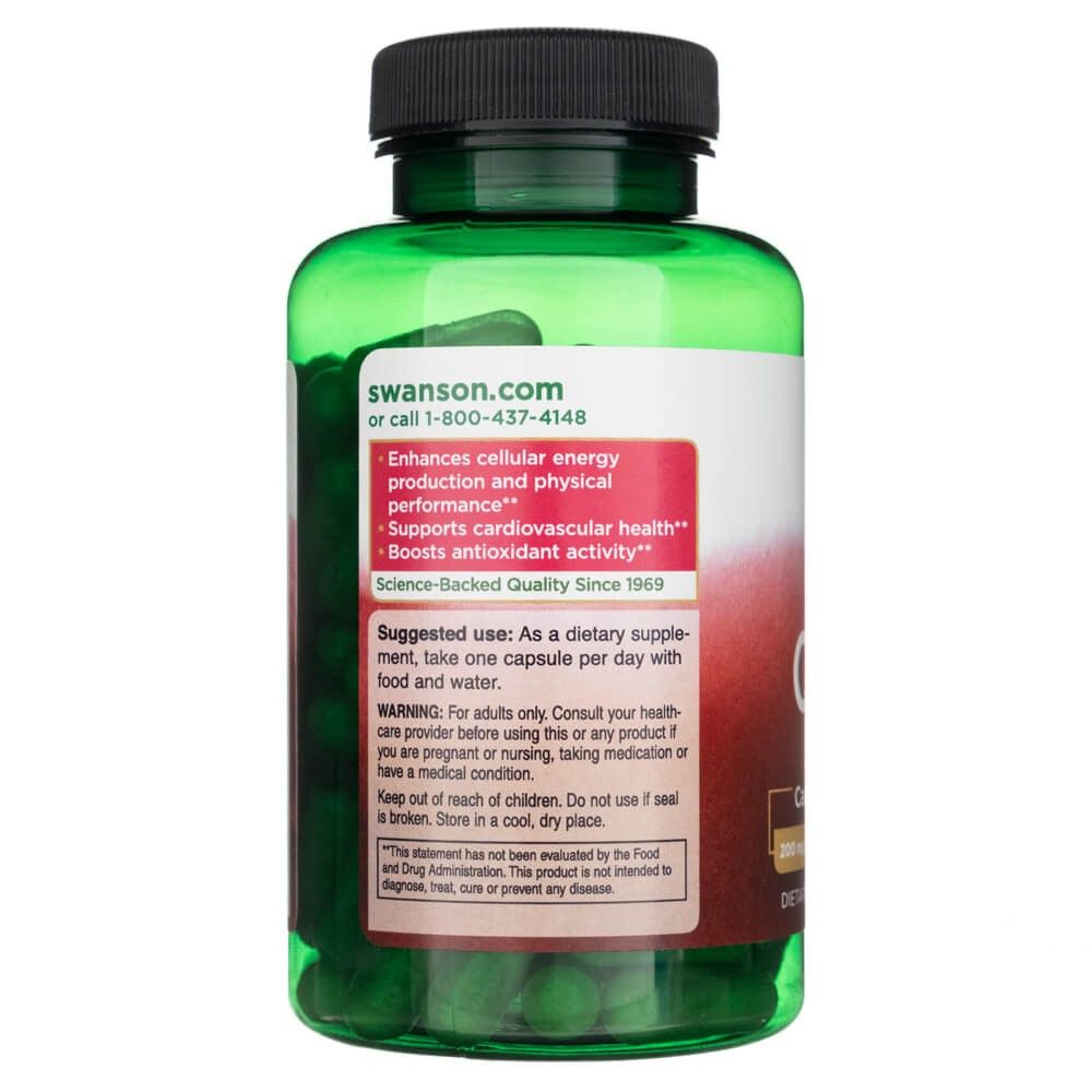 Groene fles met etiket waarop CoQ10, Swanson.com, voordelen en doseringsadviezen staan.