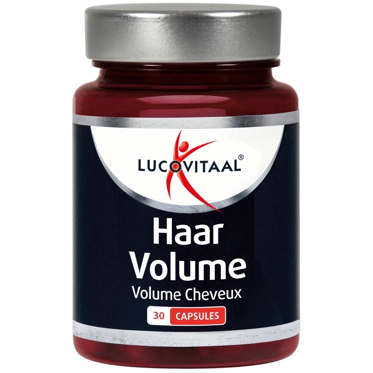 Flacon brun de Haar Volume. Contient 30 capsules. Marque : Lucovitaal.