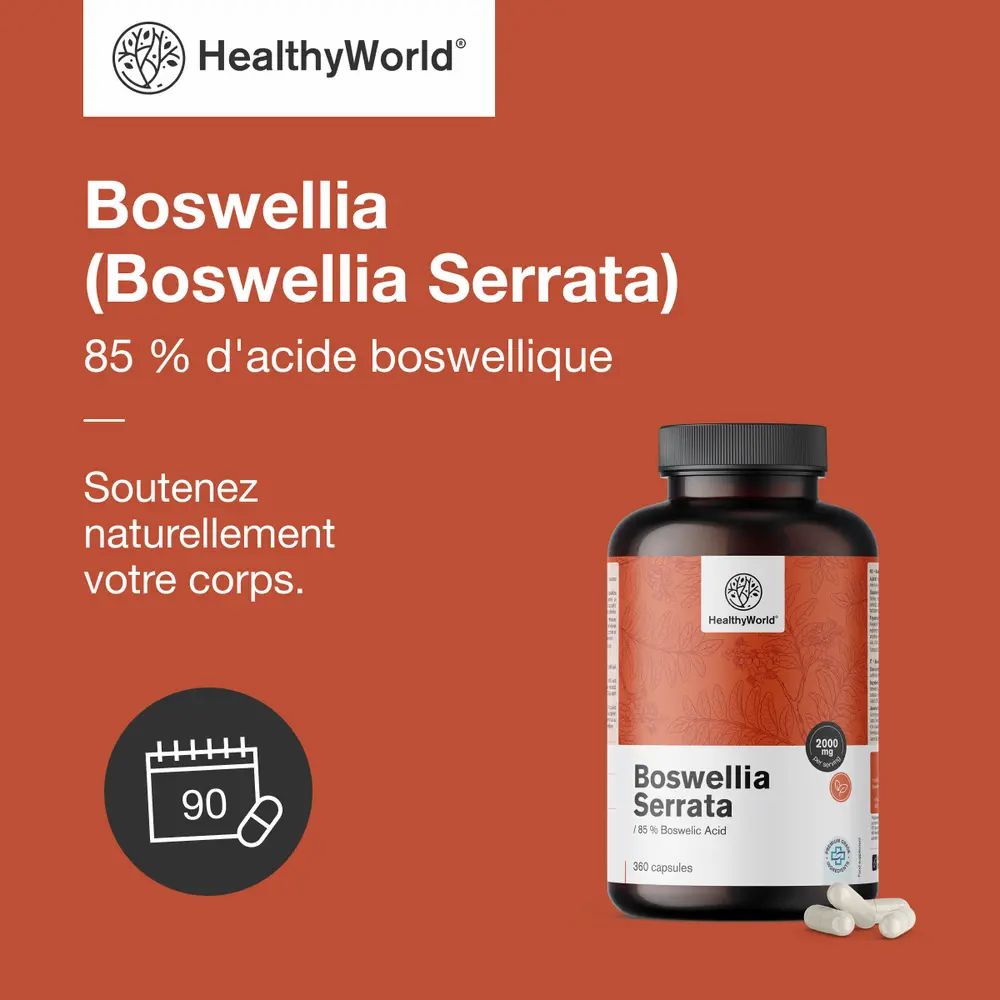 Capsules HealthyWorld Boswellia Serrata, 85% d'acide boswellique. 90 capsules.