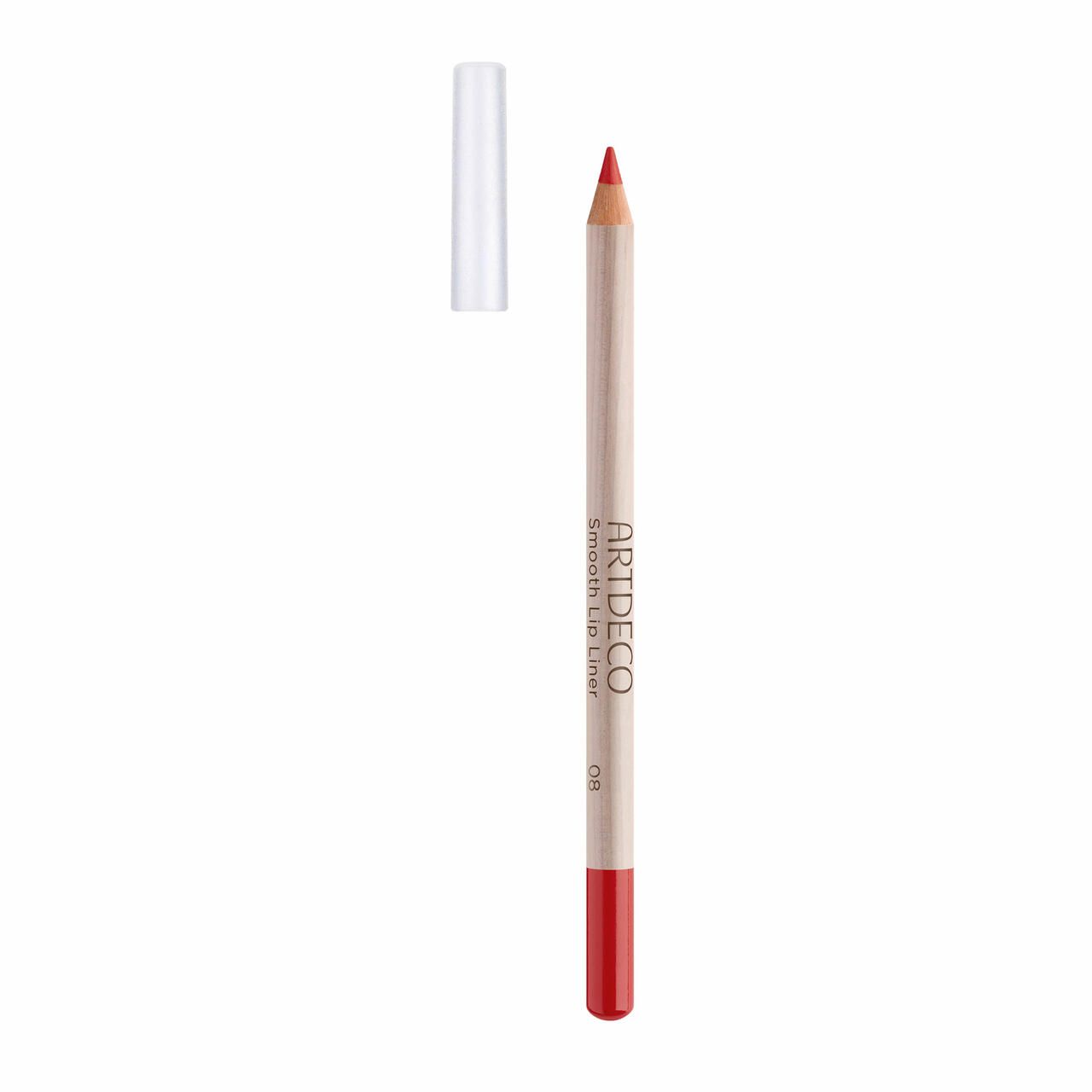 Artdeco Smooth Lip Liner, rood. Houten potlood met rode punt en transparante dop. Productnaam zichtbaar.