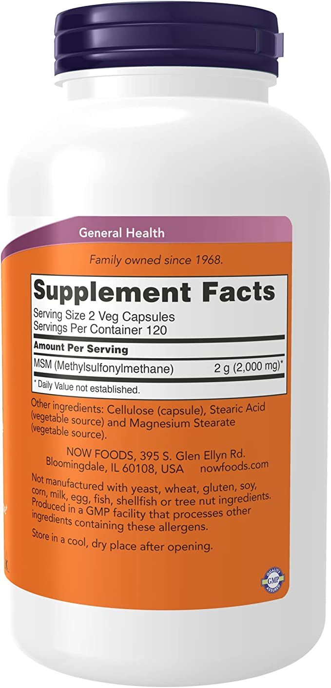 Flacon blanc, bouchon violet. Étiquette: Supplement Facts, MSM, 2 g. Certification GMP.
