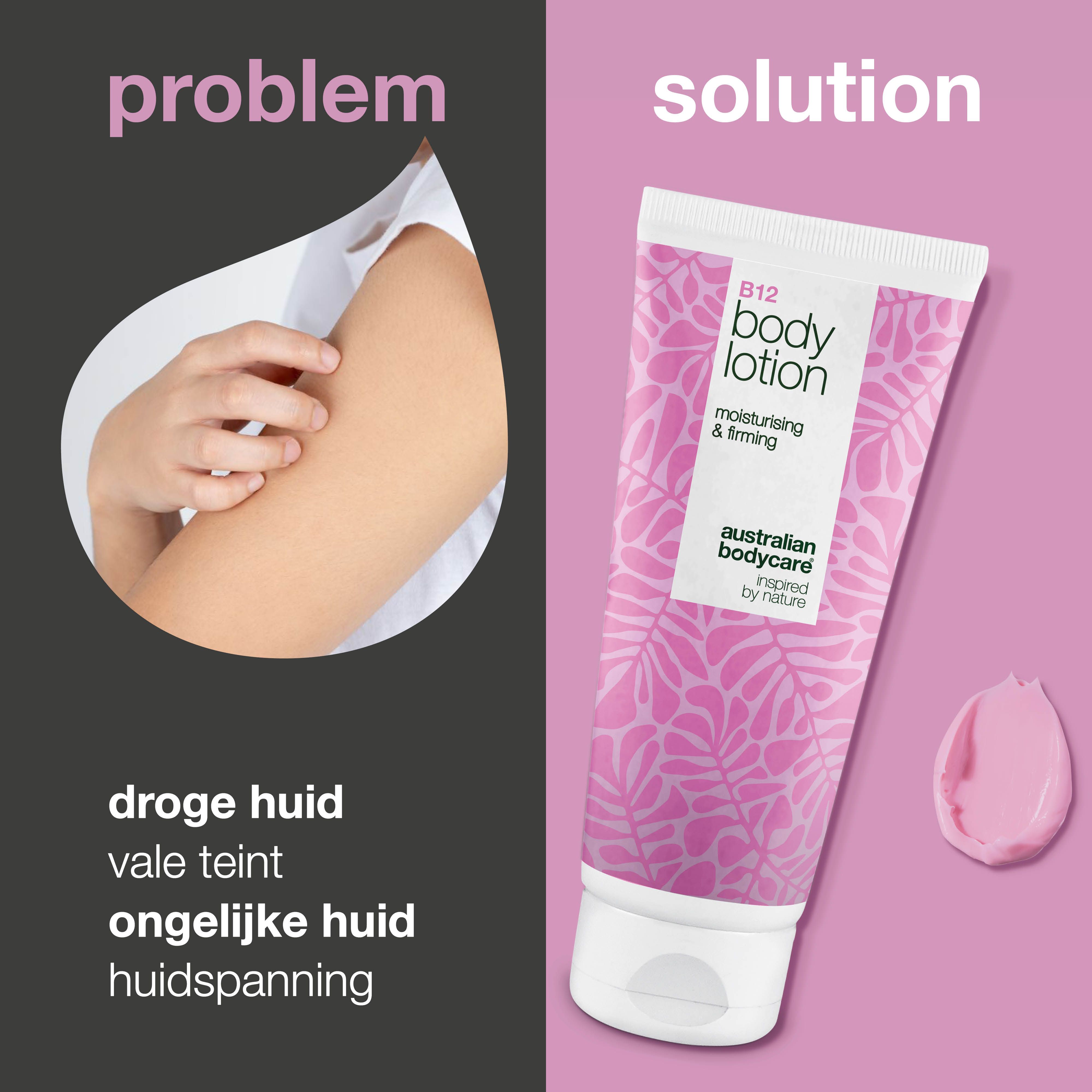 Vergelijking: droge huid, ongelijkmatige teint. Oplossing: B12 Body Lotion tube, roze crème. Tekst: Australian Bodycare, hydraterend.