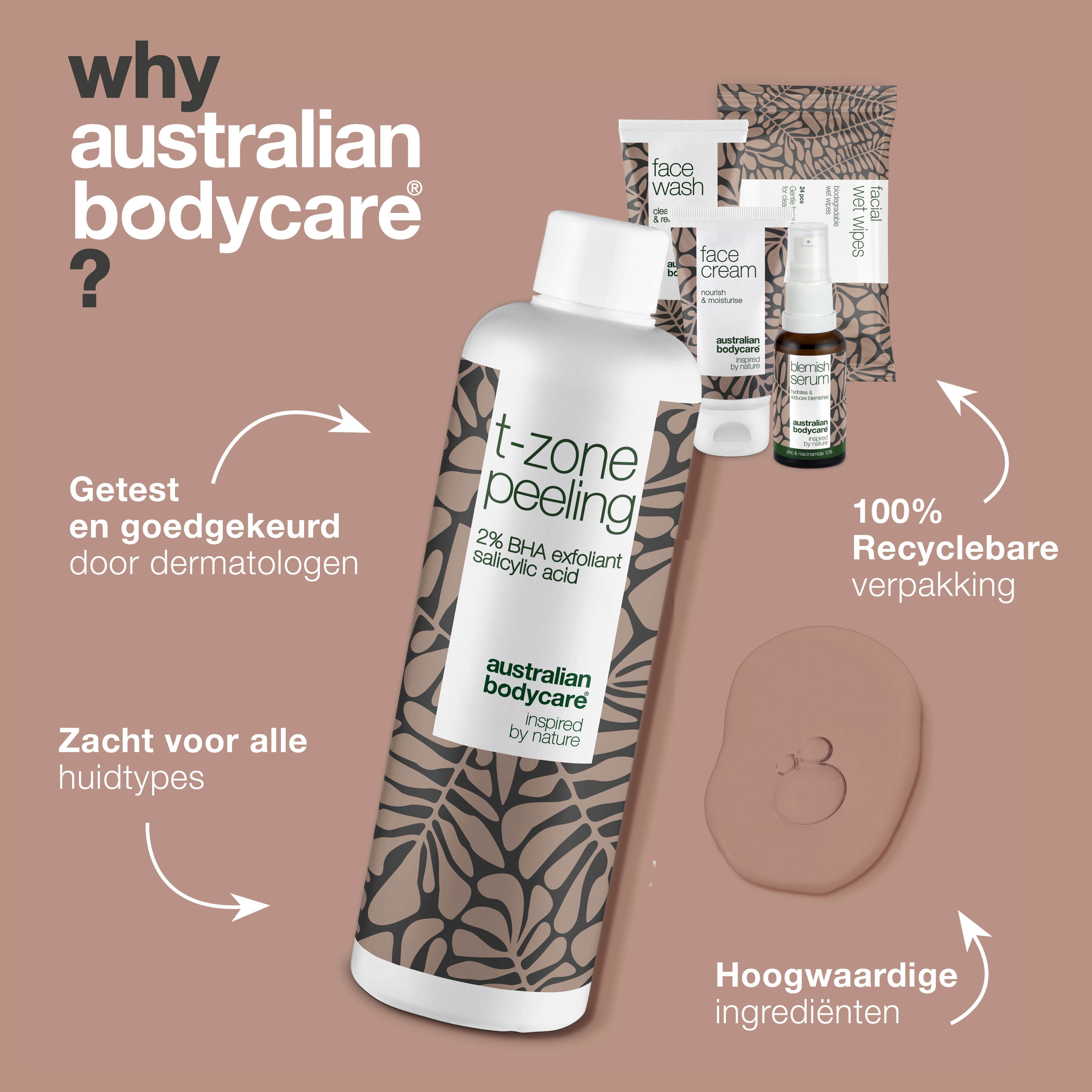 Productset voor de T-zone. Bevat reiniger, peeling, serum, crème en reinigingsdoekjes.