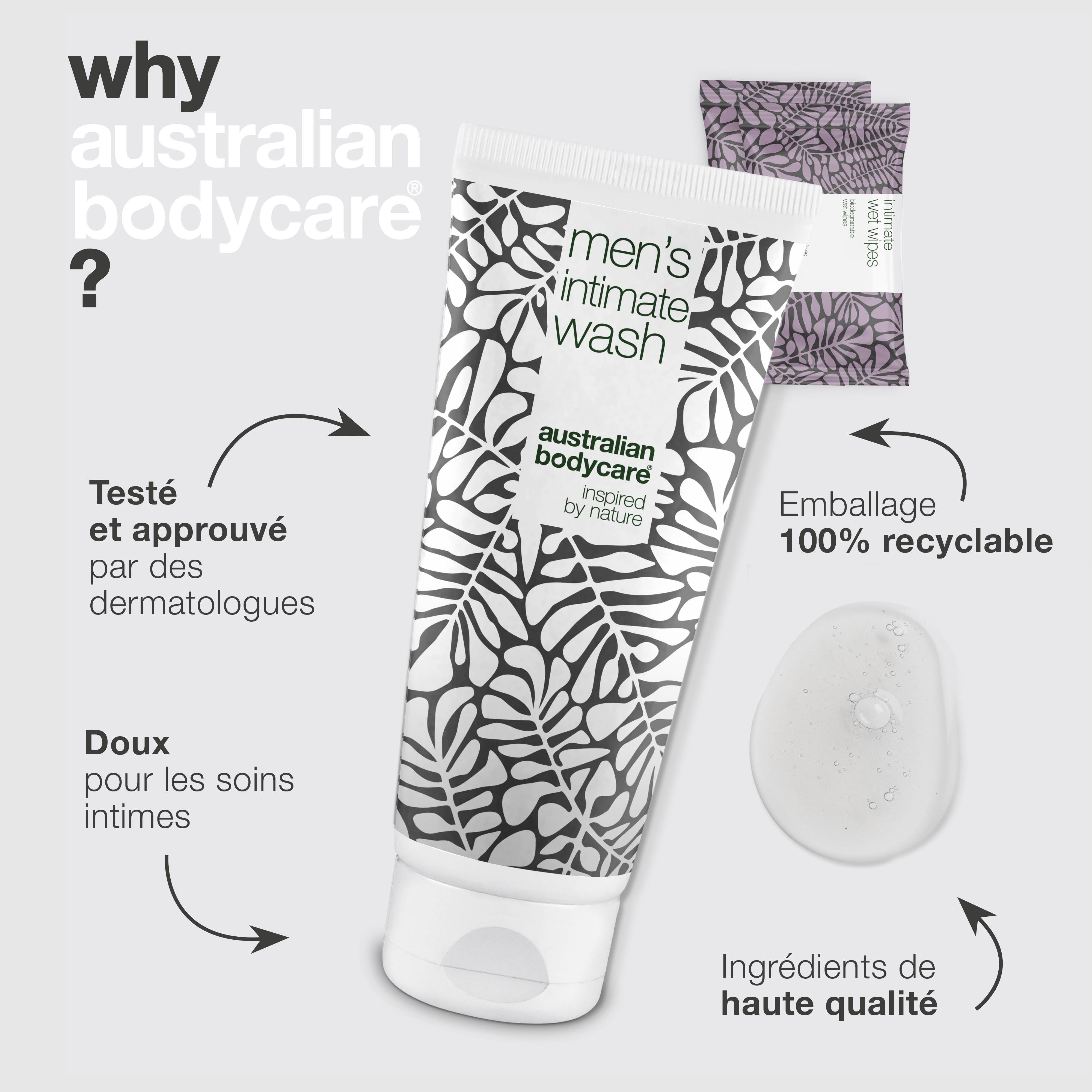 Gel lavant intime et lingettes. Marque : Australian Bodycare. Texte : Pourquoi Australian Bodycare ?